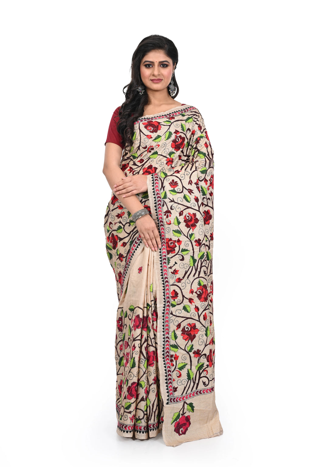 Pure Gachi Tussar Rose Motif Kantha Saree All Over Worked