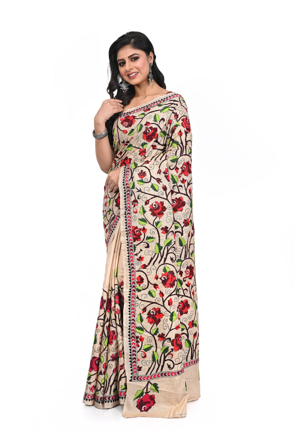 Pure Gachi Tussar Rose Motif Kantha Saree All Over Worked