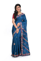 Semi Tussar Cobalt Blue Saree with Hand Purshi Worked