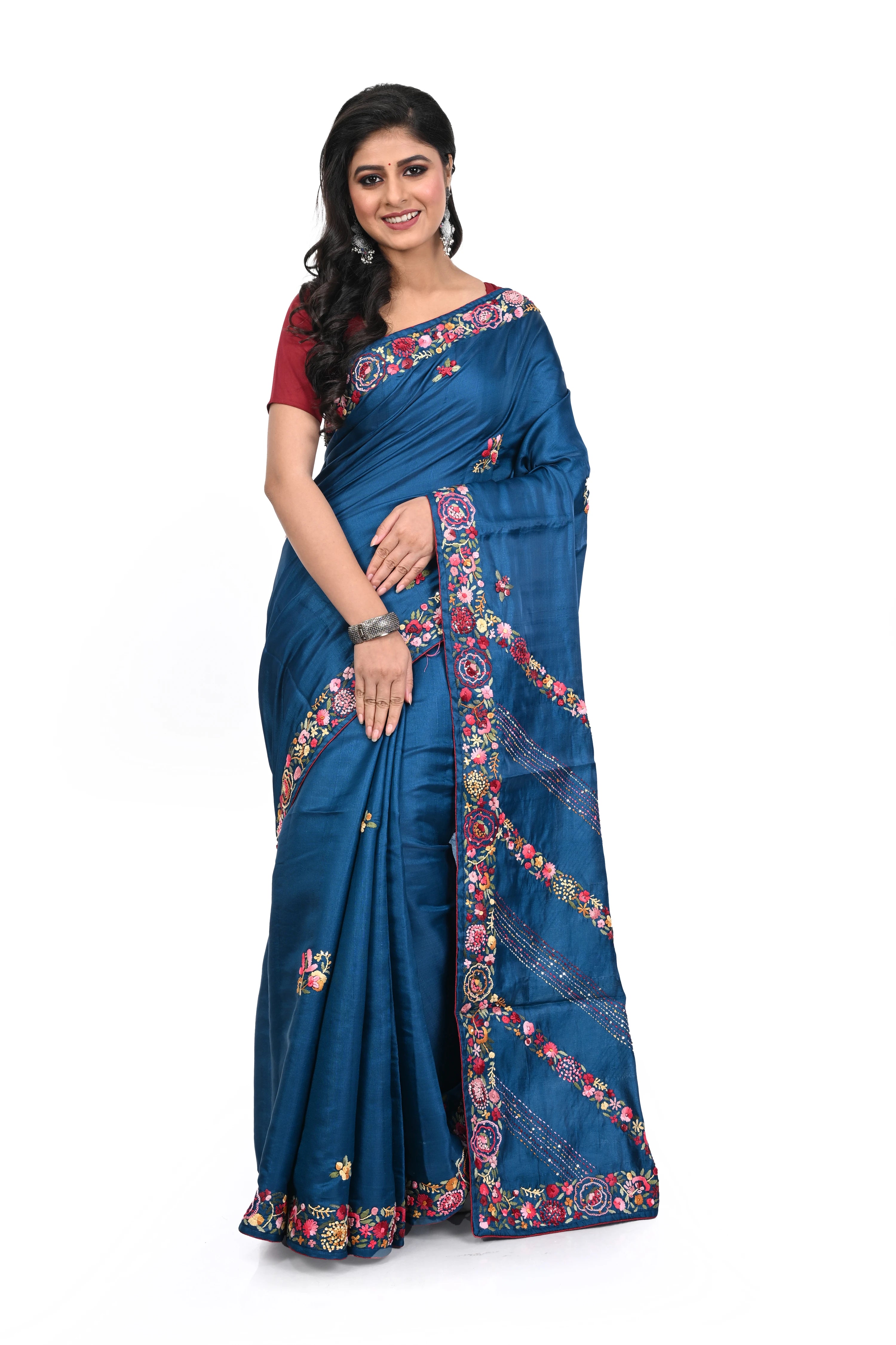 Semi Tussar Cobalt Blue Saree with Hand Purshi Worked