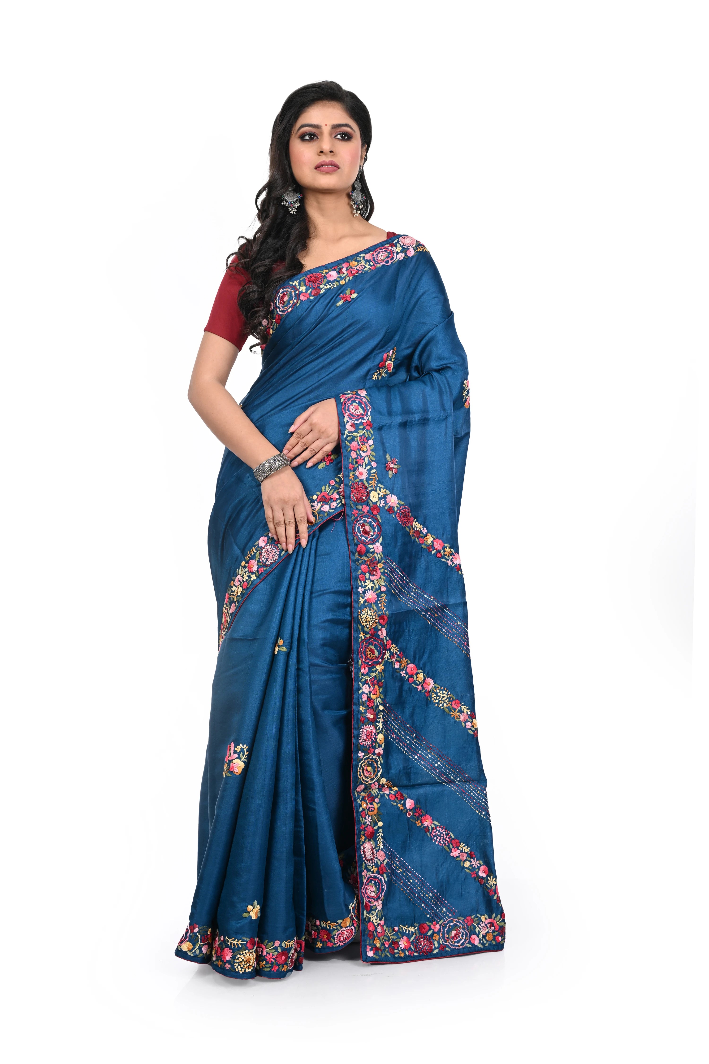 Semi Tussar Cobalt Blue Saree with Hand Purshi Worked