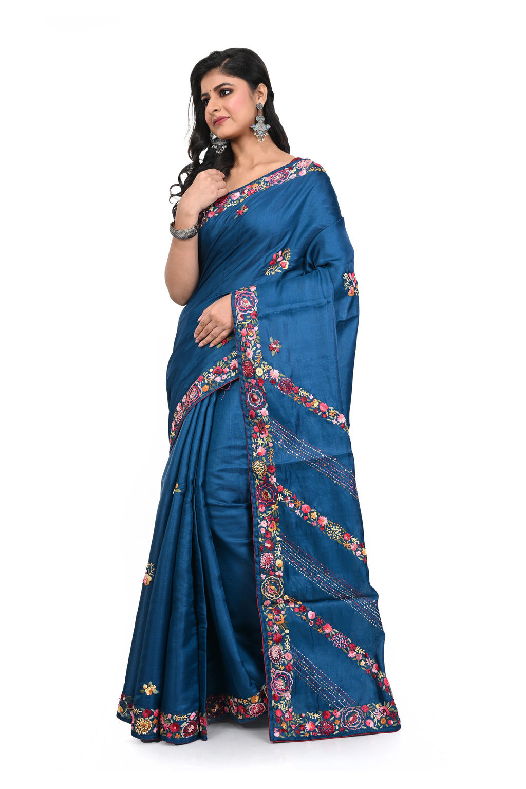 Semi Tussar Cobalt Blue Saree with Hand Purshi Worked