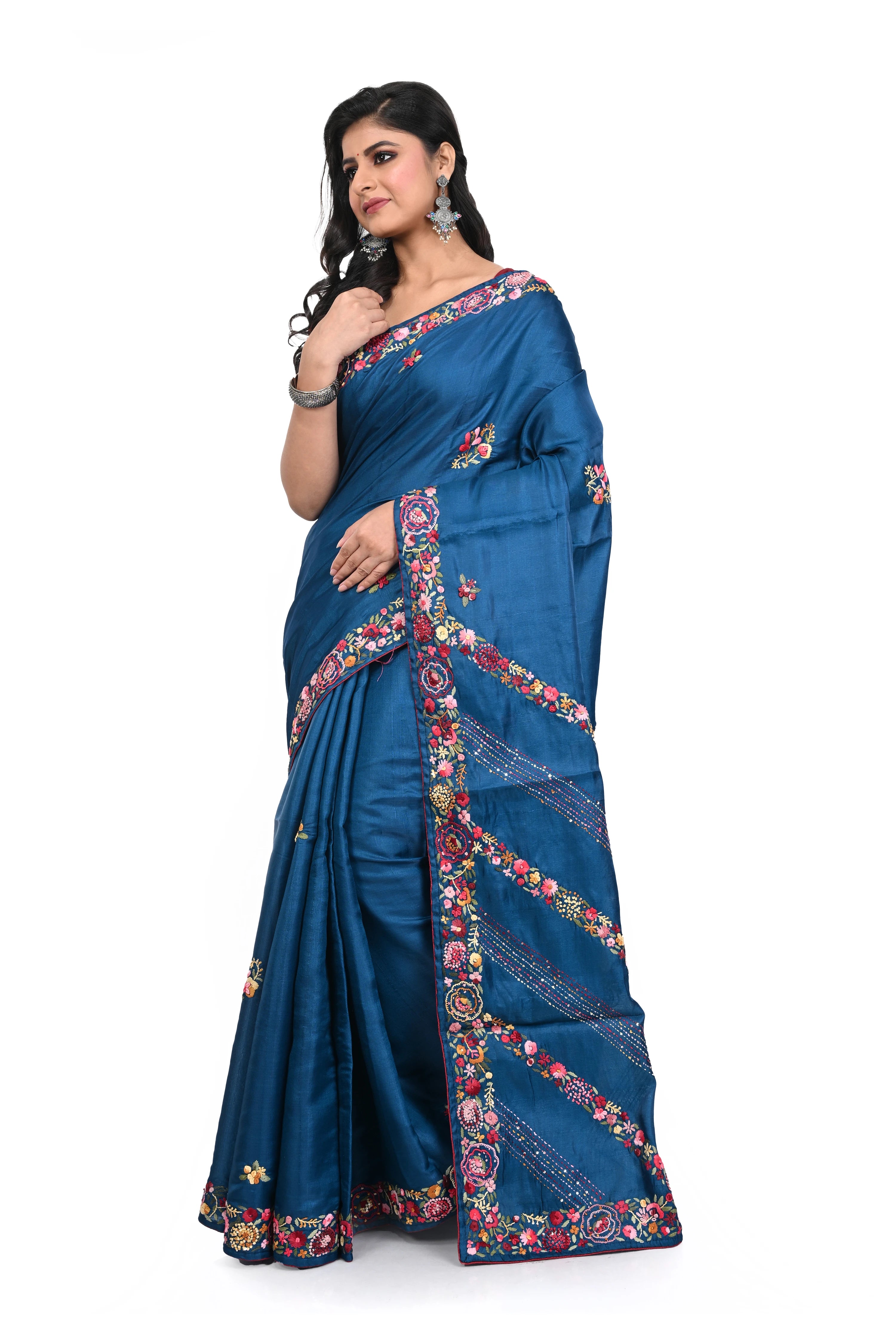 Semi Tussar Cobalt Blue Saree with Hand Purshi Worked