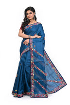 Semi Tussar Cobalt Blue Saree with Hand Purshi Worked