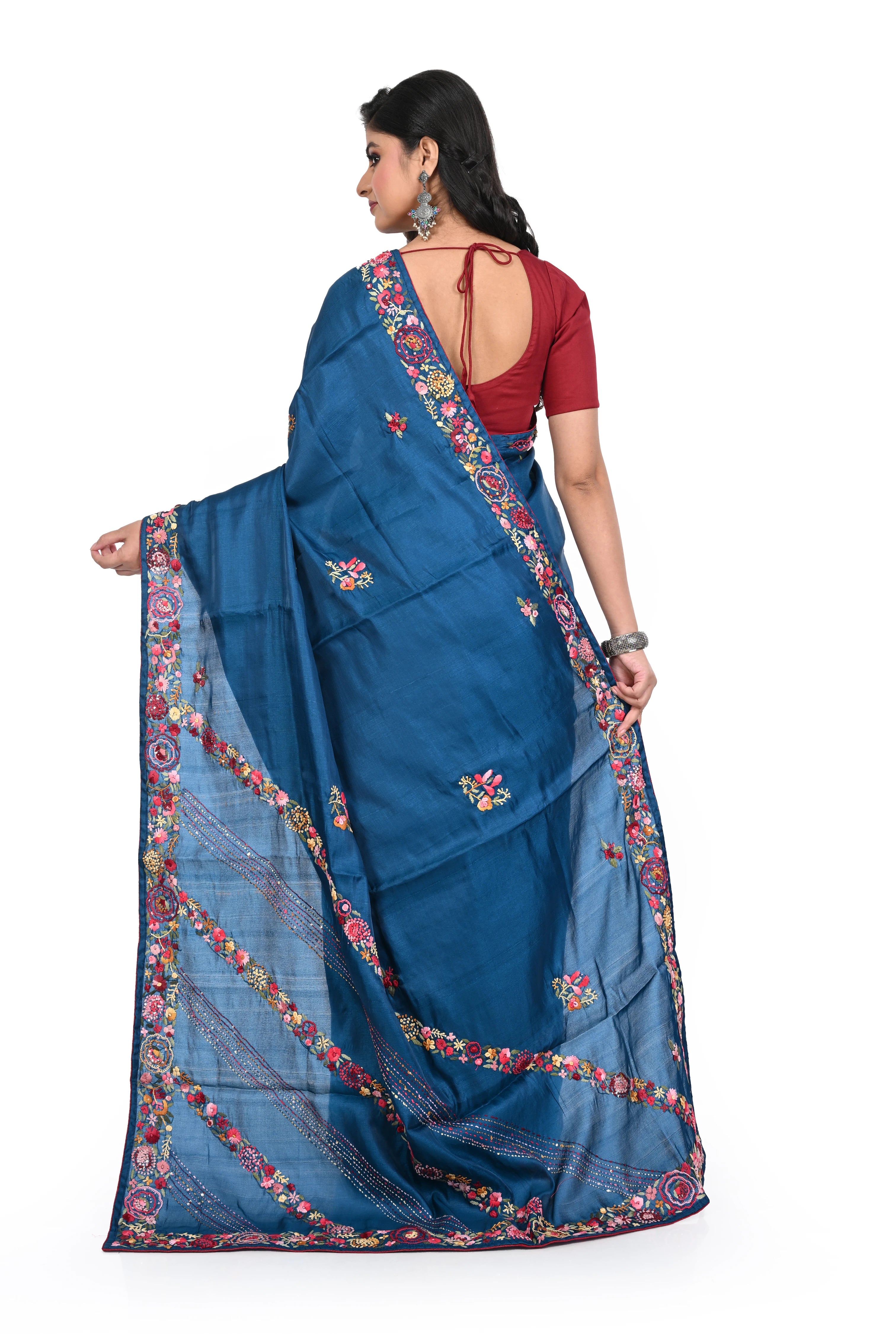 Semi Tussar Cobalt Blue Saree with Hand Purshi Worked