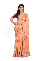 Peach Coloured Semi Tussar Saree with Hand Bulian Stitch Thick Border and Kantha Work