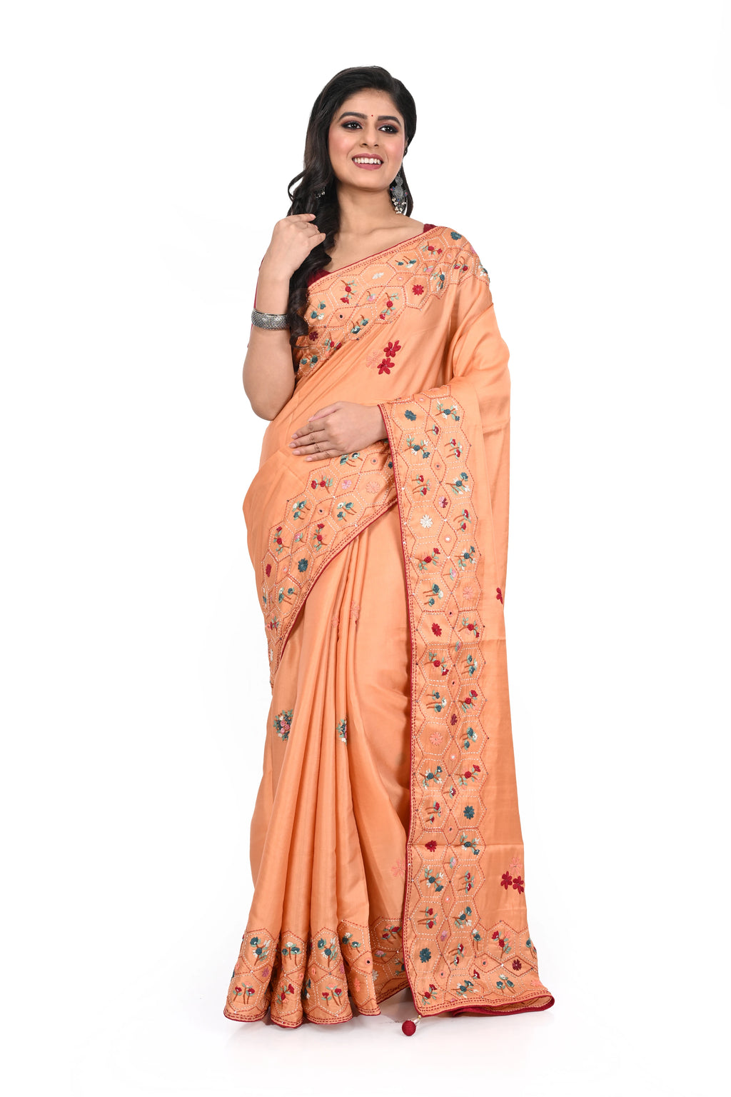 Peach Coloured Semi Tussar Saree with Hand Bulian Stitch Thick Border and Kantha Work