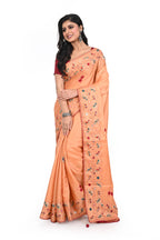 Peach Coloured Semi Tussar Saree with Hand Bulian Stitch Thick Border and Kantha Work
