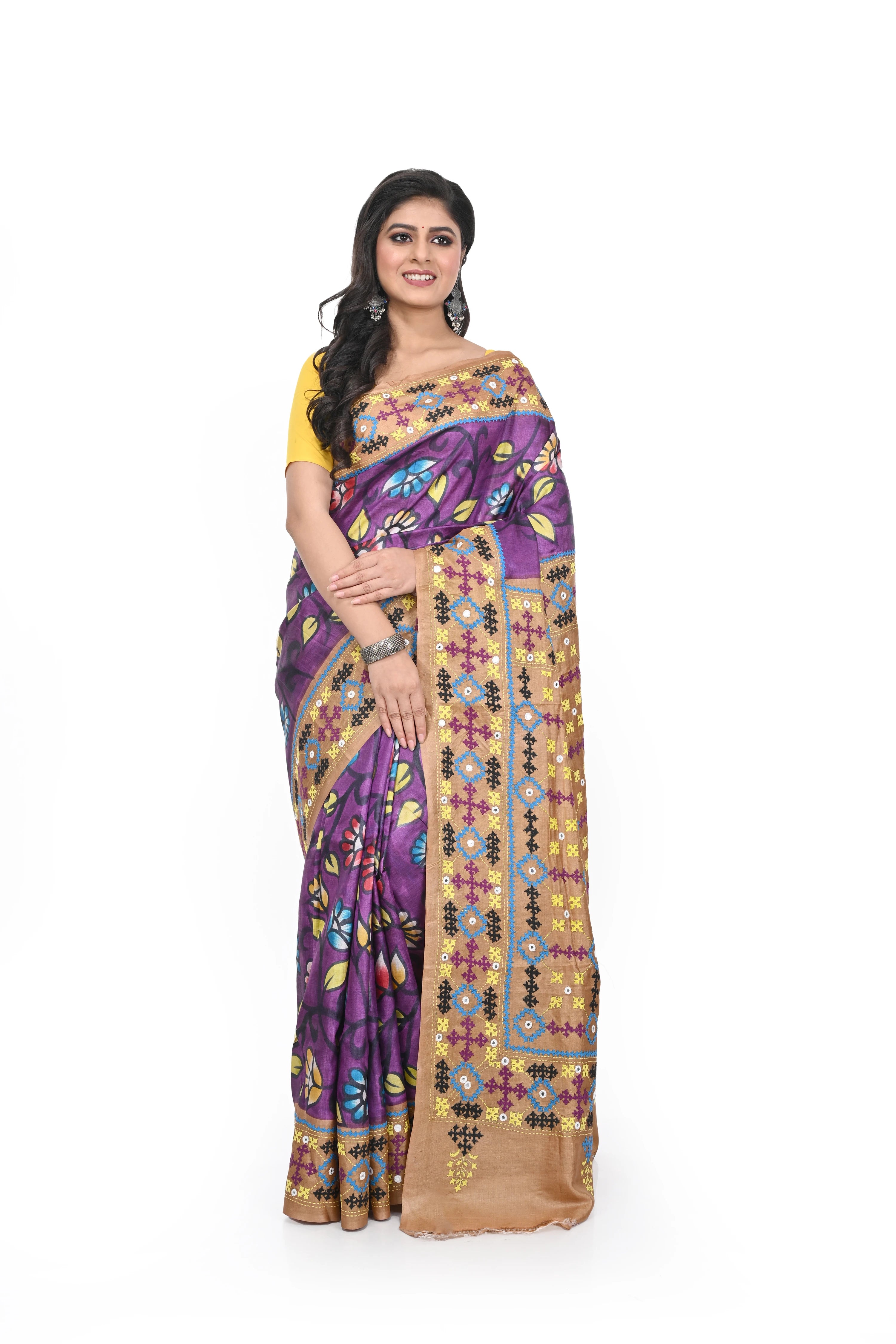 Purple Coloured Hand Blocked Tussar Silk Saree with Exclusive Guajarati Hand Worked Border and Rich Pallu