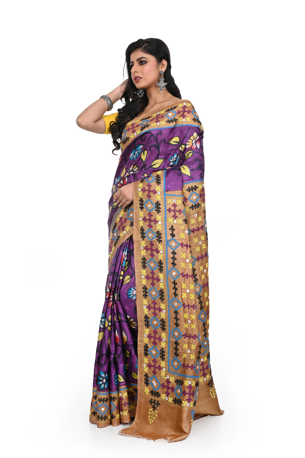 Purple Coloured Hand Blocked Tussar Silk Saree with Exclusive Guajarati Hand Worked Border and Rich Pallu