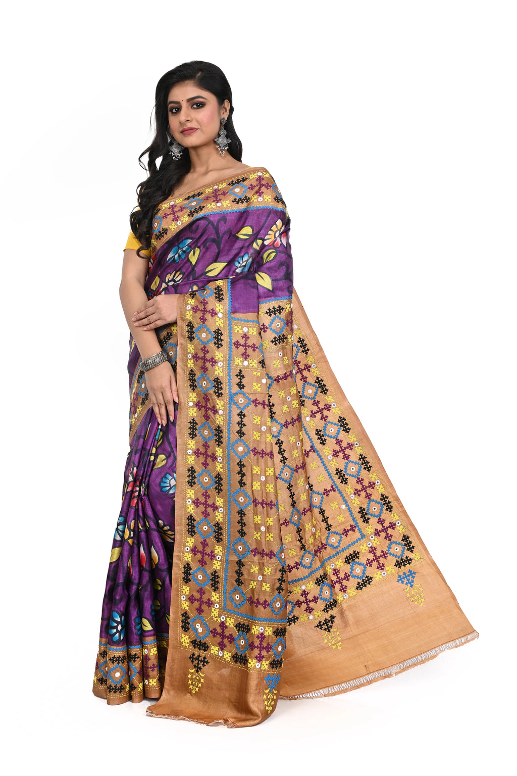 Purple Coloured Hand Blocked Tussar Silk Saree with Exclusive Guajarati Hand Worked Border and Rich Pallu
