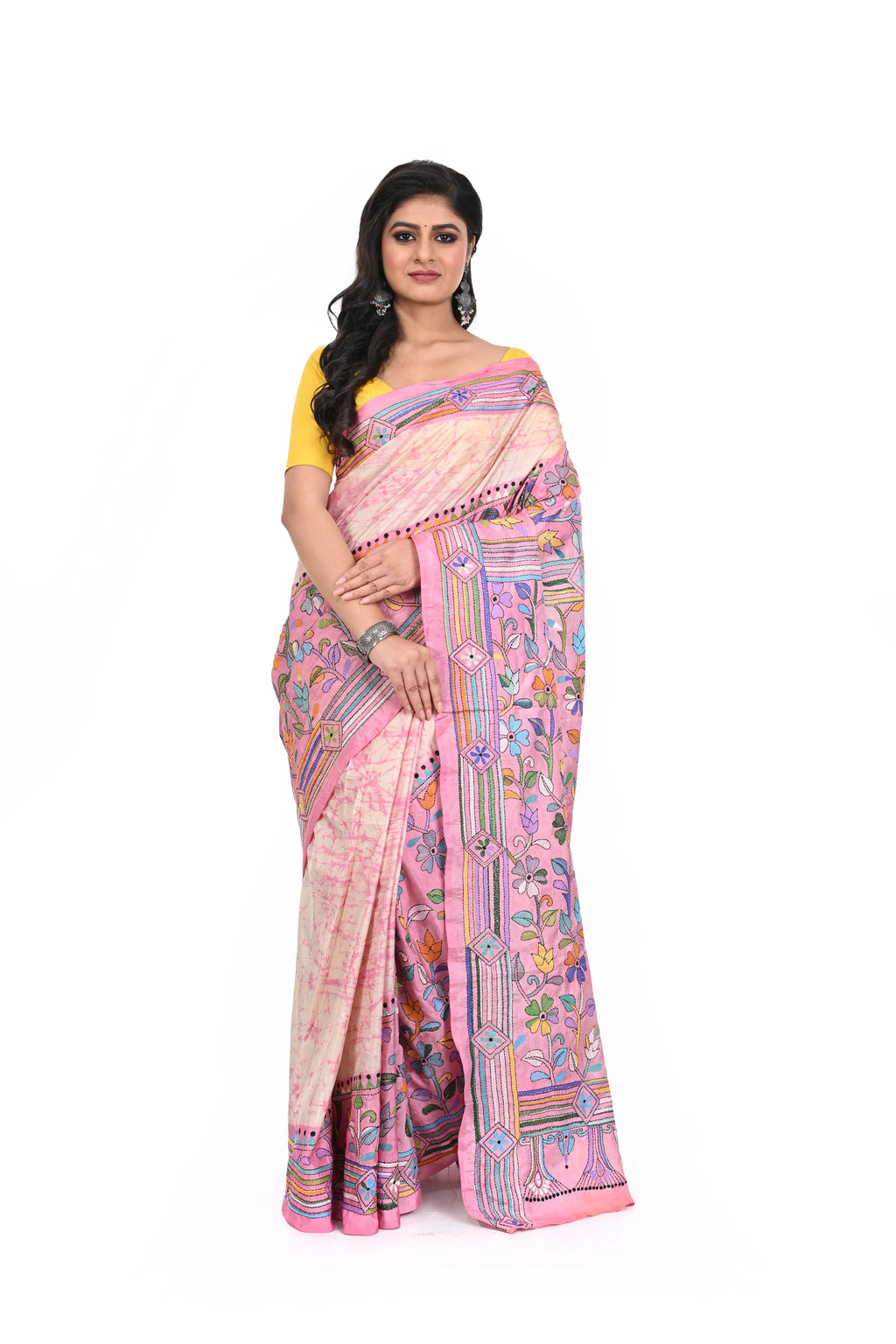 Pink Coloured Bangalore Silk Kantha Saree with Corner to Corner Worked