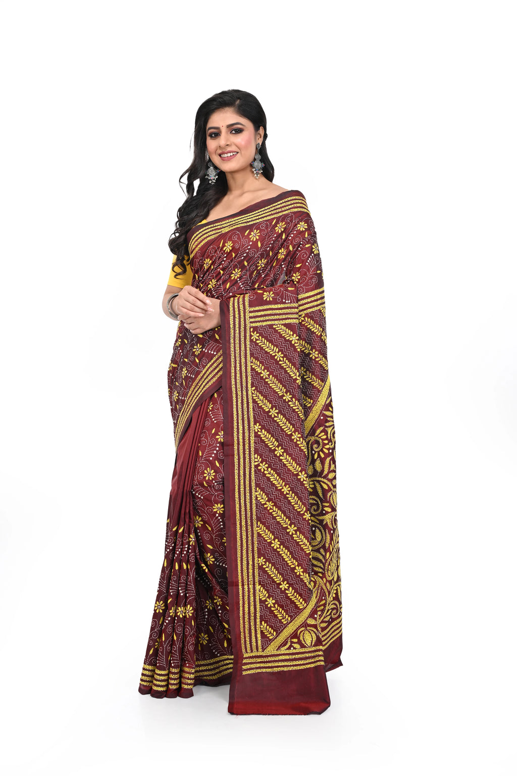 Maroon Coloured Kantha Worked Banglore Silk Saree