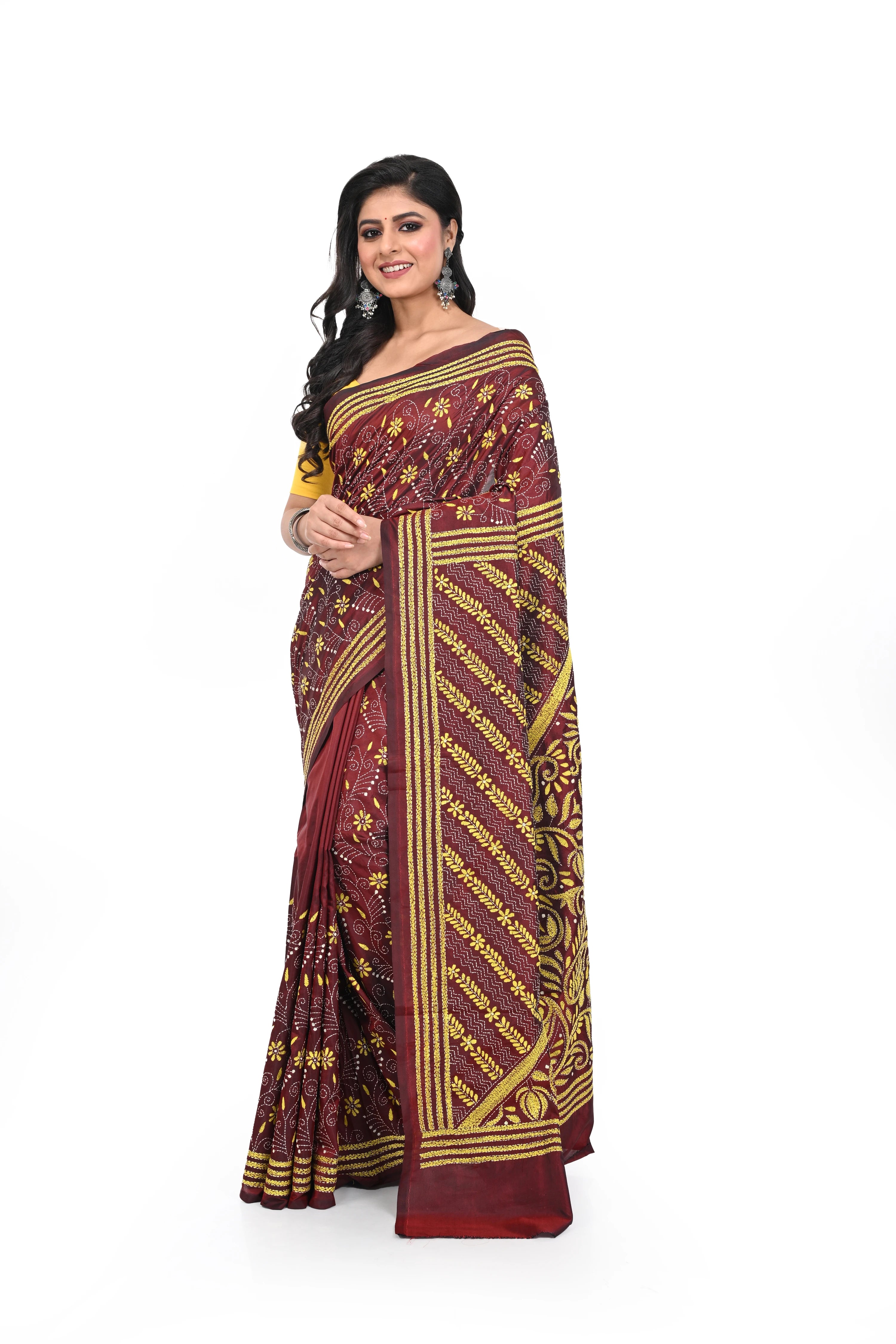 Maroon Coloured Kantha Worked Banglore Silk Saree