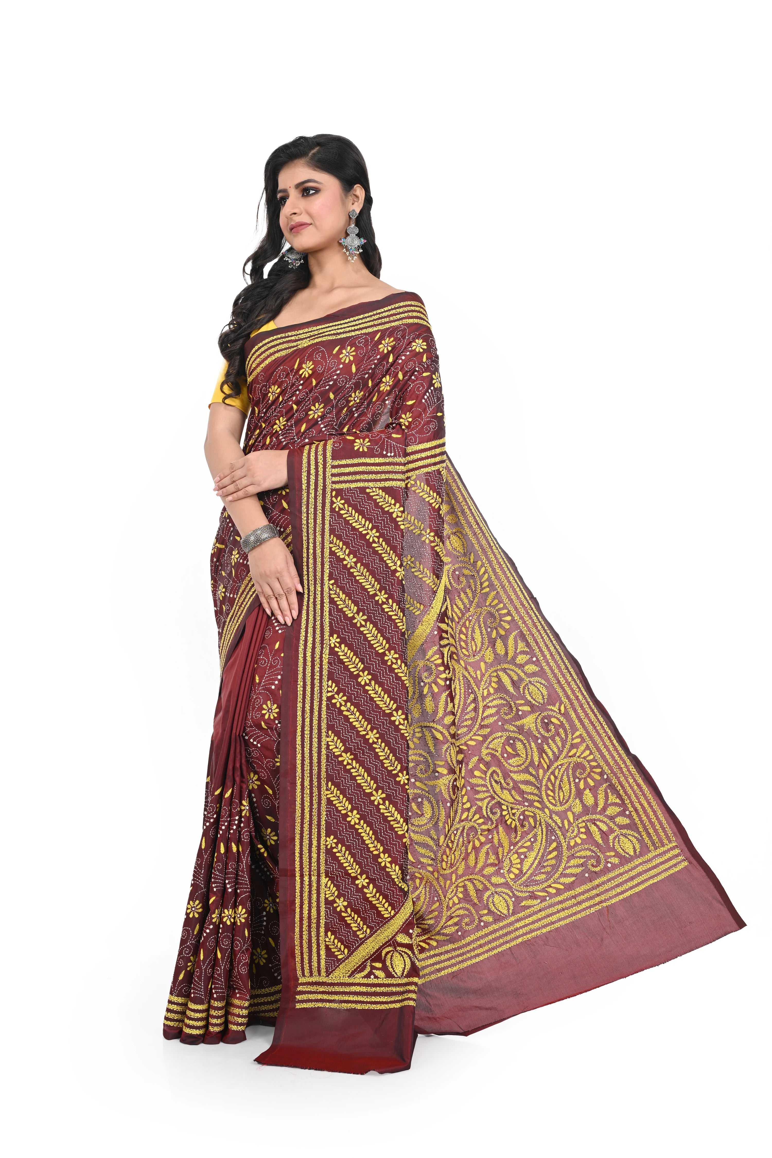 Maroon Coloured Kantha Worked Banglore Silk Saree
