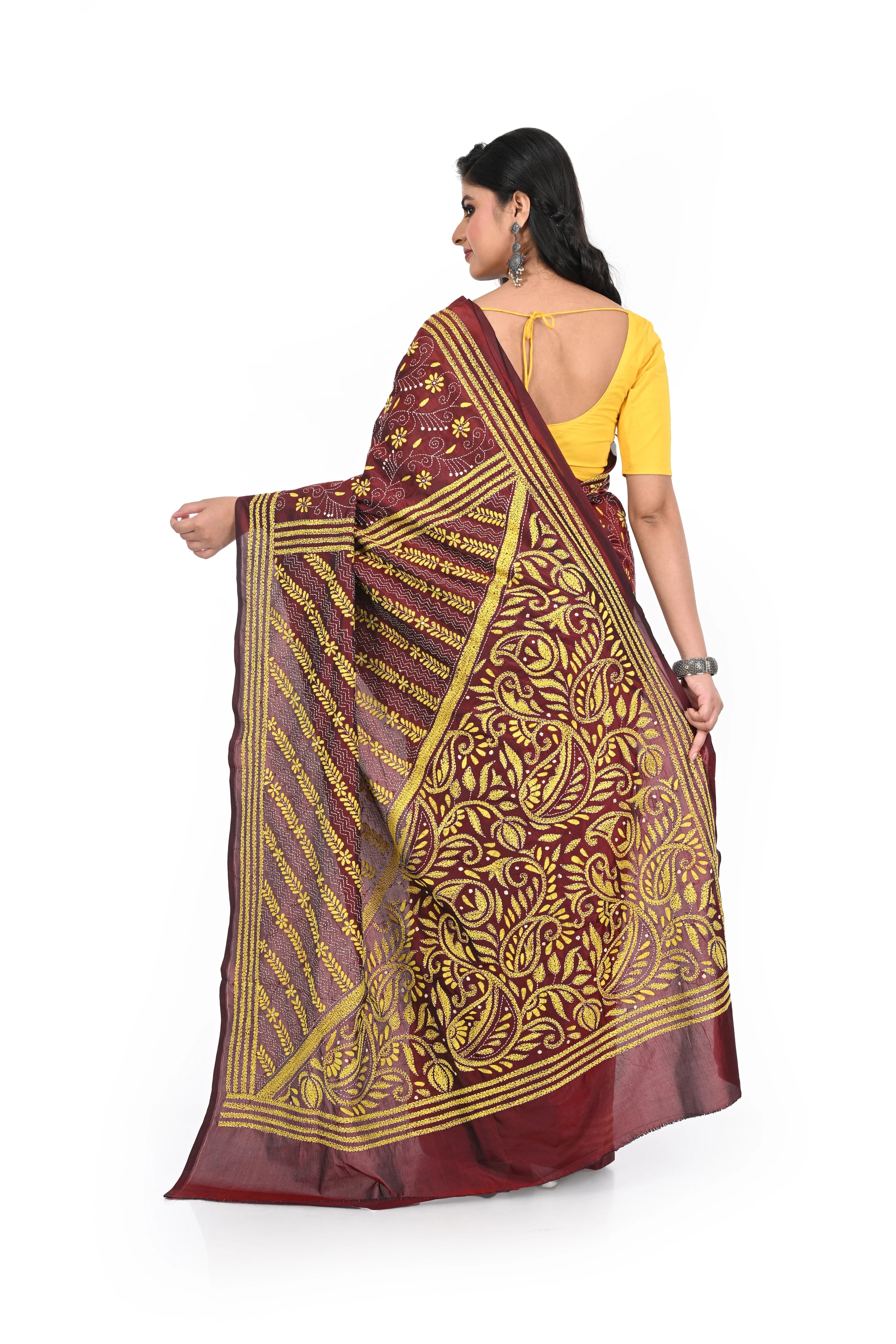 Maroon Coloured Kantha Worked Banglore Silk Saree