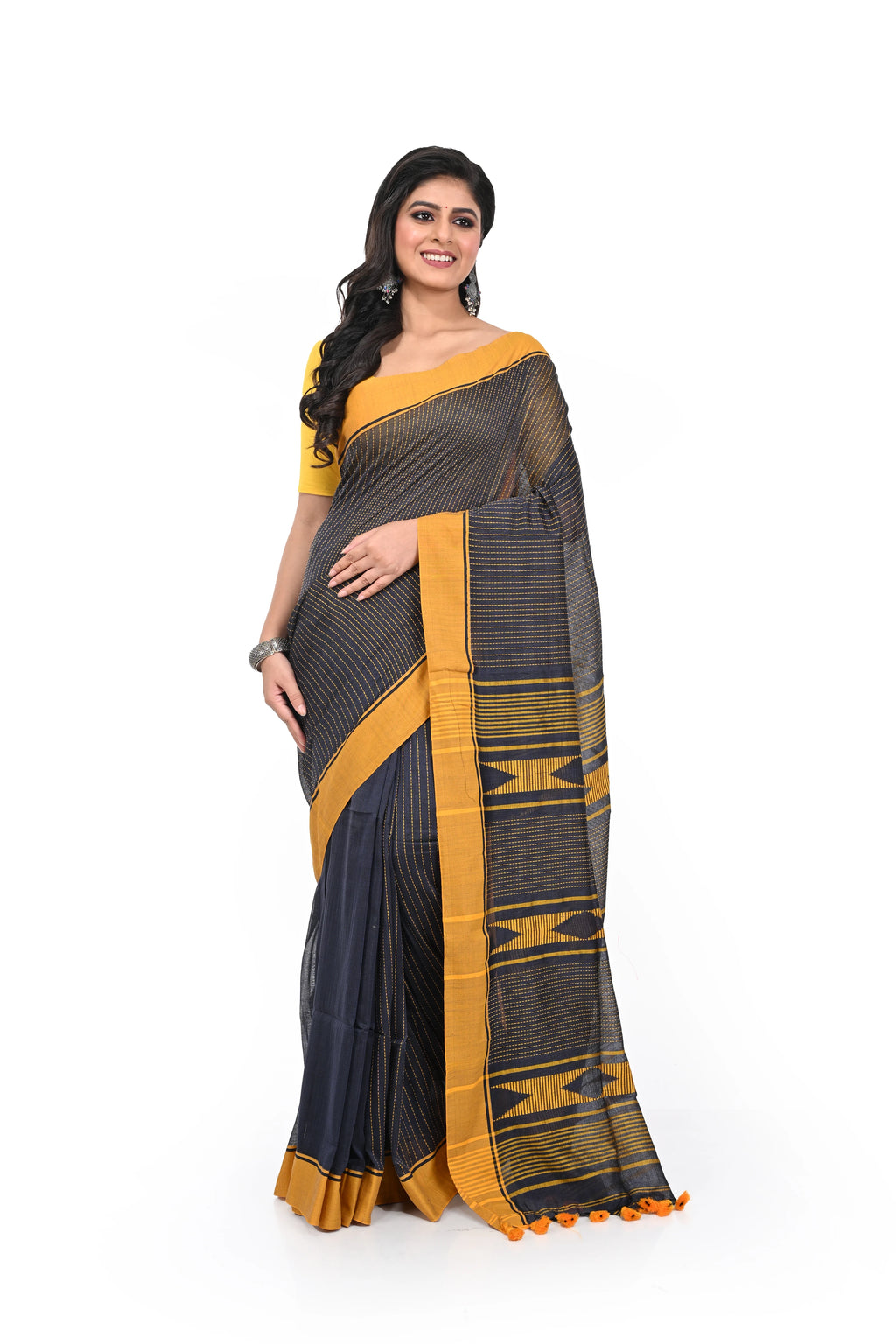 Elegant Look Brown Solid Yellow Border Cotton Handloom Saree