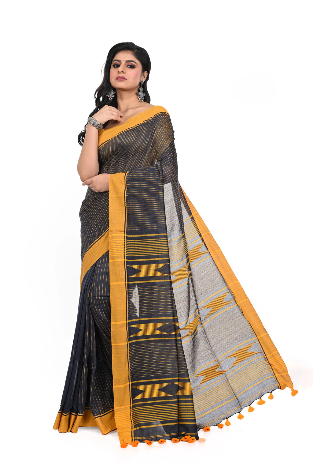 Elegant Look Brown Solid Yellow Border Cotton Handloom Saree