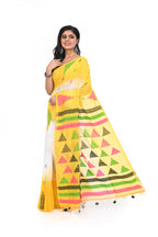 Yellow Handloom Cotton Saree with White Border and Geometric Pattern