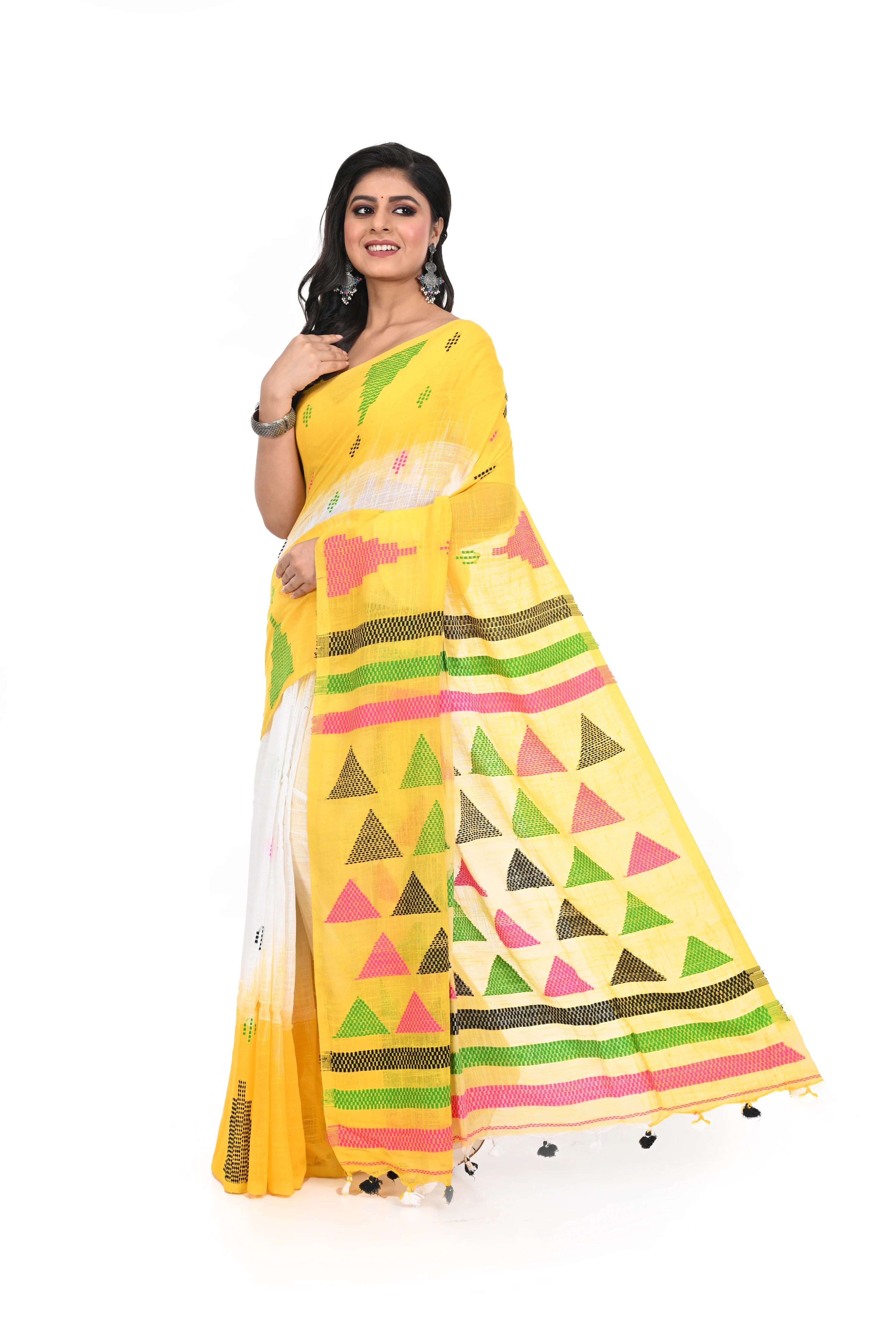 Yellow Handloom Cotton Saree with White Border and Geometric Pattern