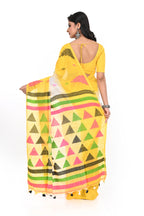 Yellow Handloom Cotton Saree with White Border and Geometric Pattern