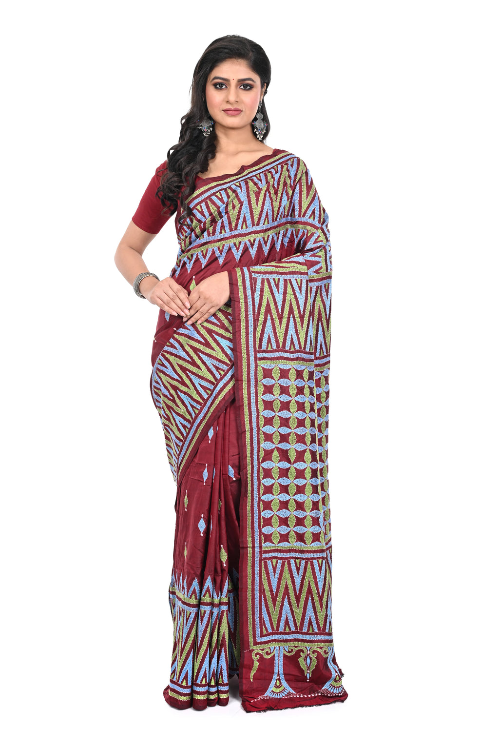 Red Coloured Kantha Stitch Silk Saree from Bengal