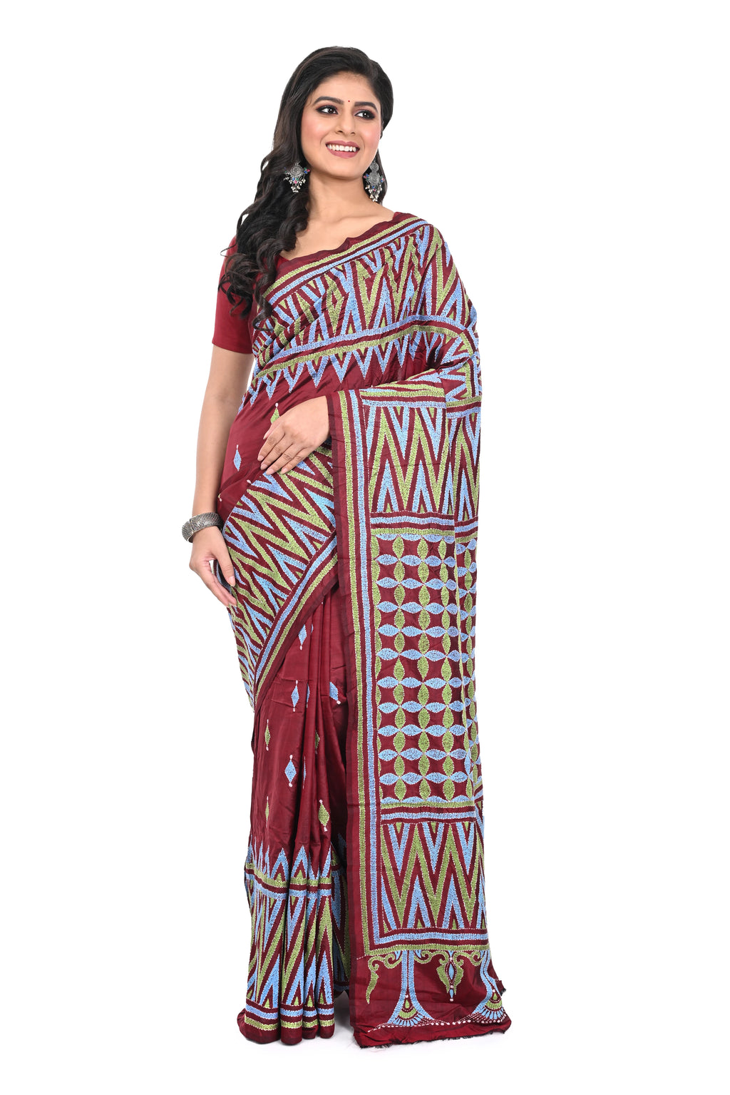 Red Coloured Kantha Stitch Silk Saree from Bengal