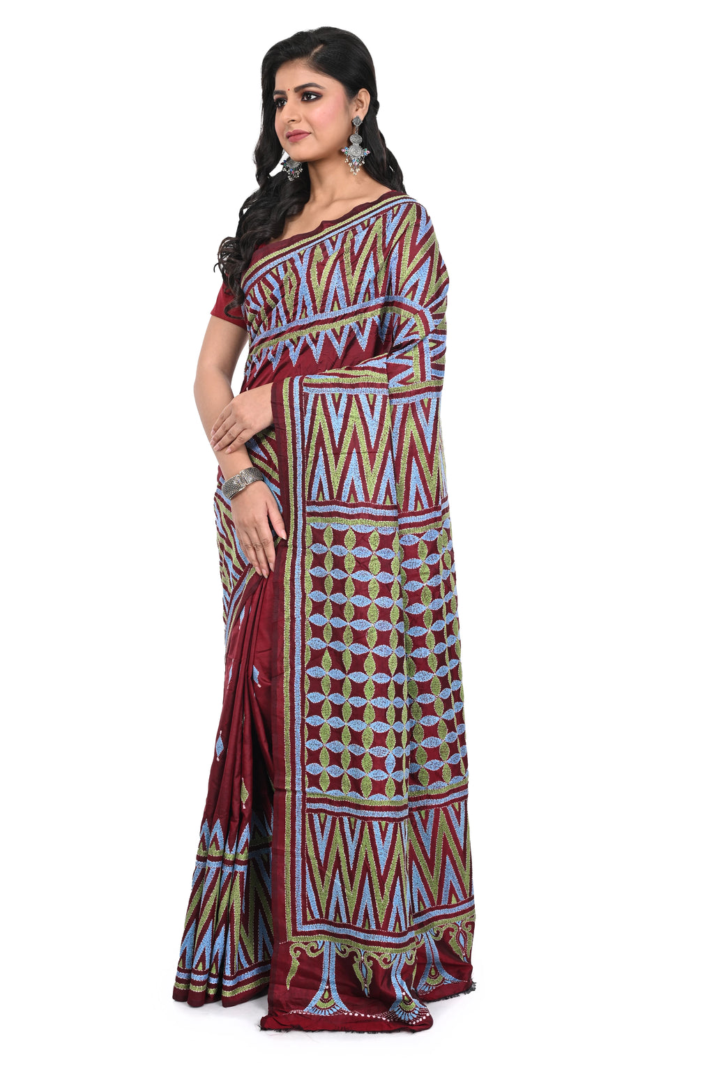 Red Coloured Kantha Stitch Silk Saree from Bengal