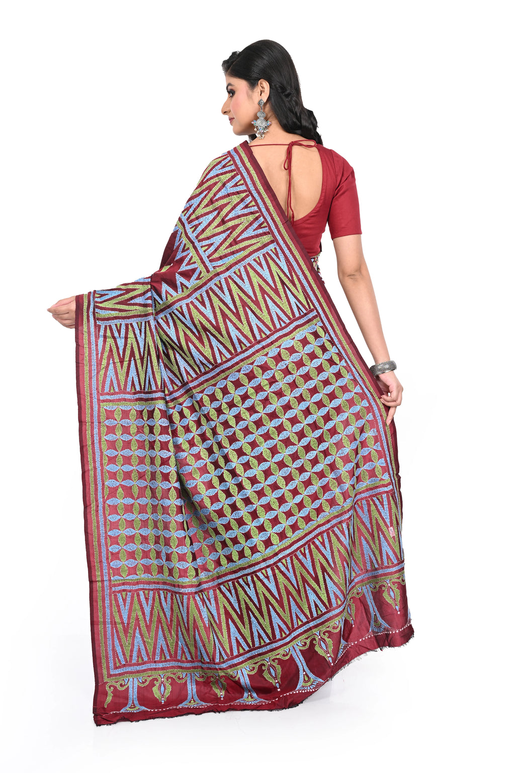 Red Coloured Kantha Stitch Silk Saree from Bengal
