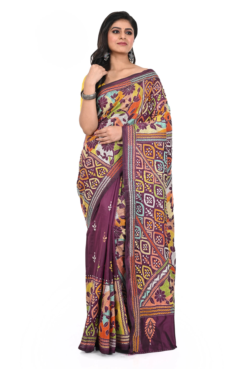Dark Wine Coloured Banglore Silk Saree with All Over Reverse Kantha Worked