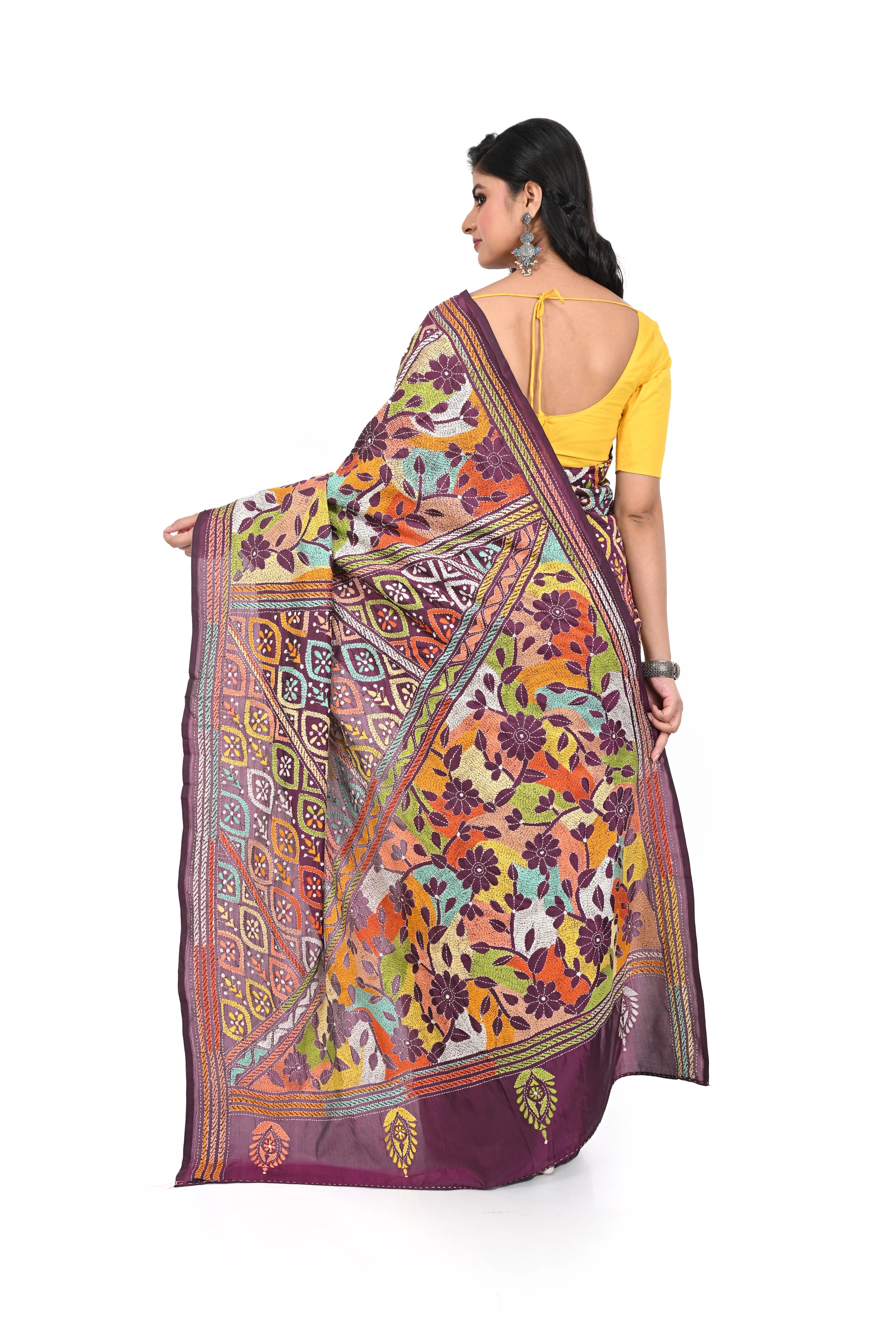 Dark Wine Coloured Banglore Silk Saree with All Over Reverse Kantha Worked