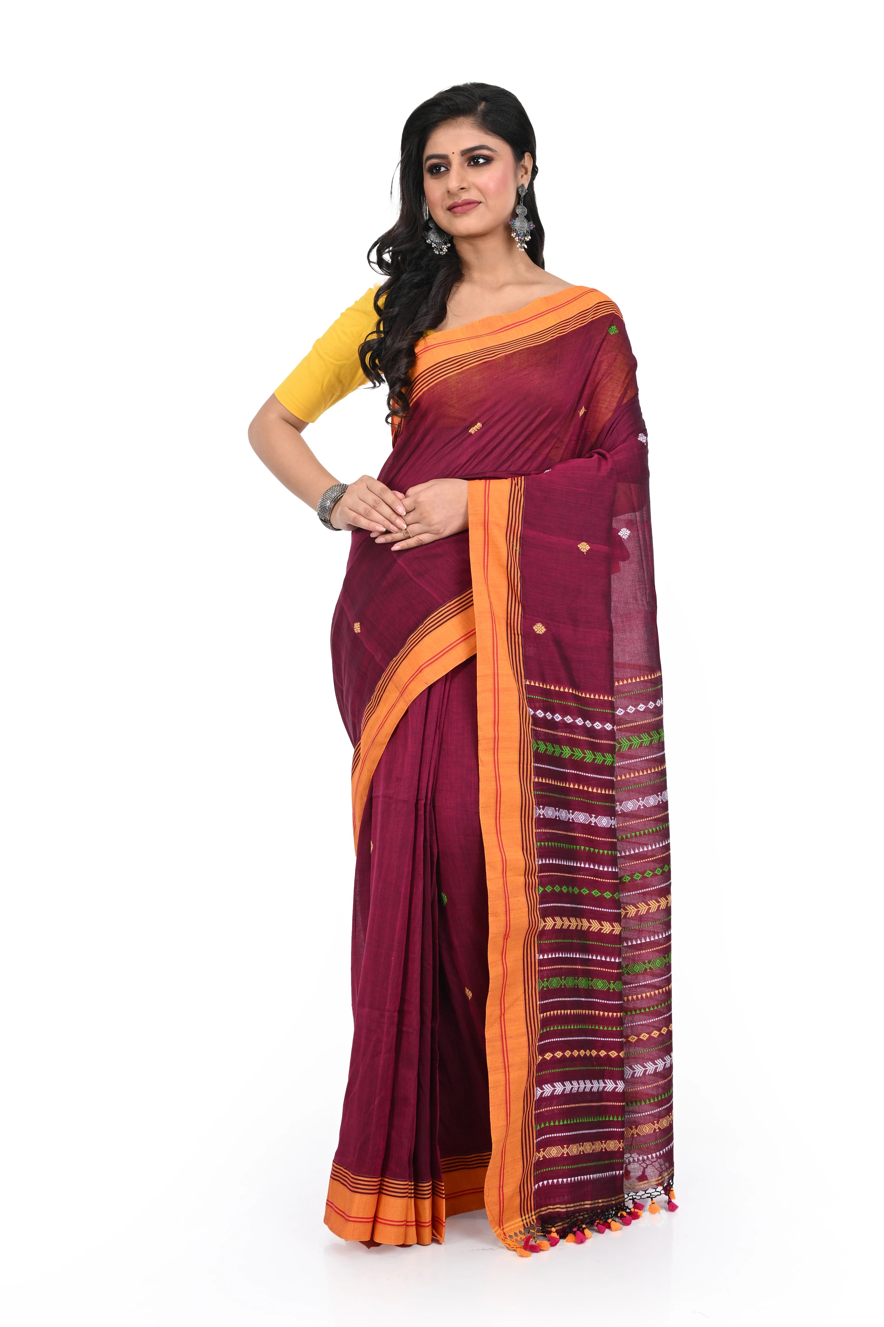 Maroon Coloured Pure Cotton Handloom Saree with Heavy Worked Pallu