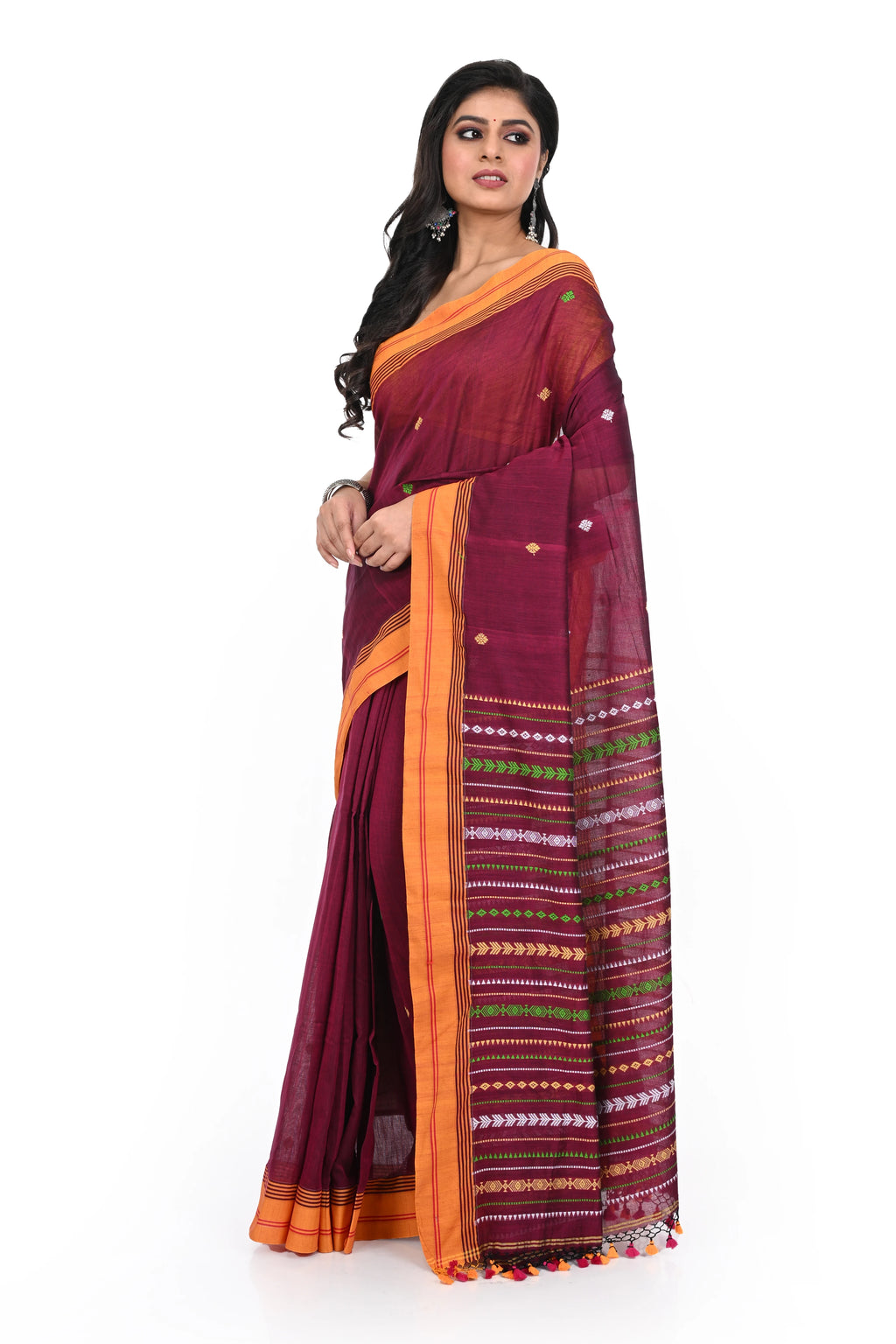 Maroon Coloured Pure Cotton Handloom Saree with Heavy Worked Pallu