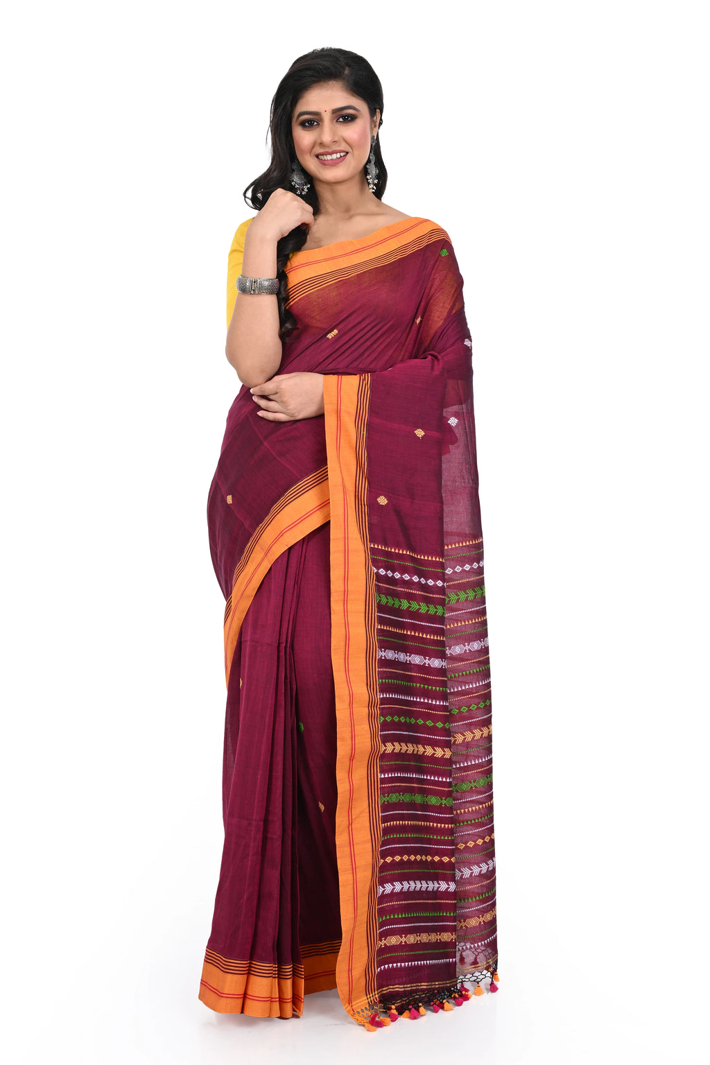 Maroon Coloured Pure Cotton Handloom Saree with Heavy Worked Pallu
