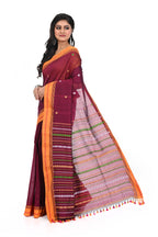 Maroon Coloured Pure Cotton Handloom Saree with Heavy Worked Pallu