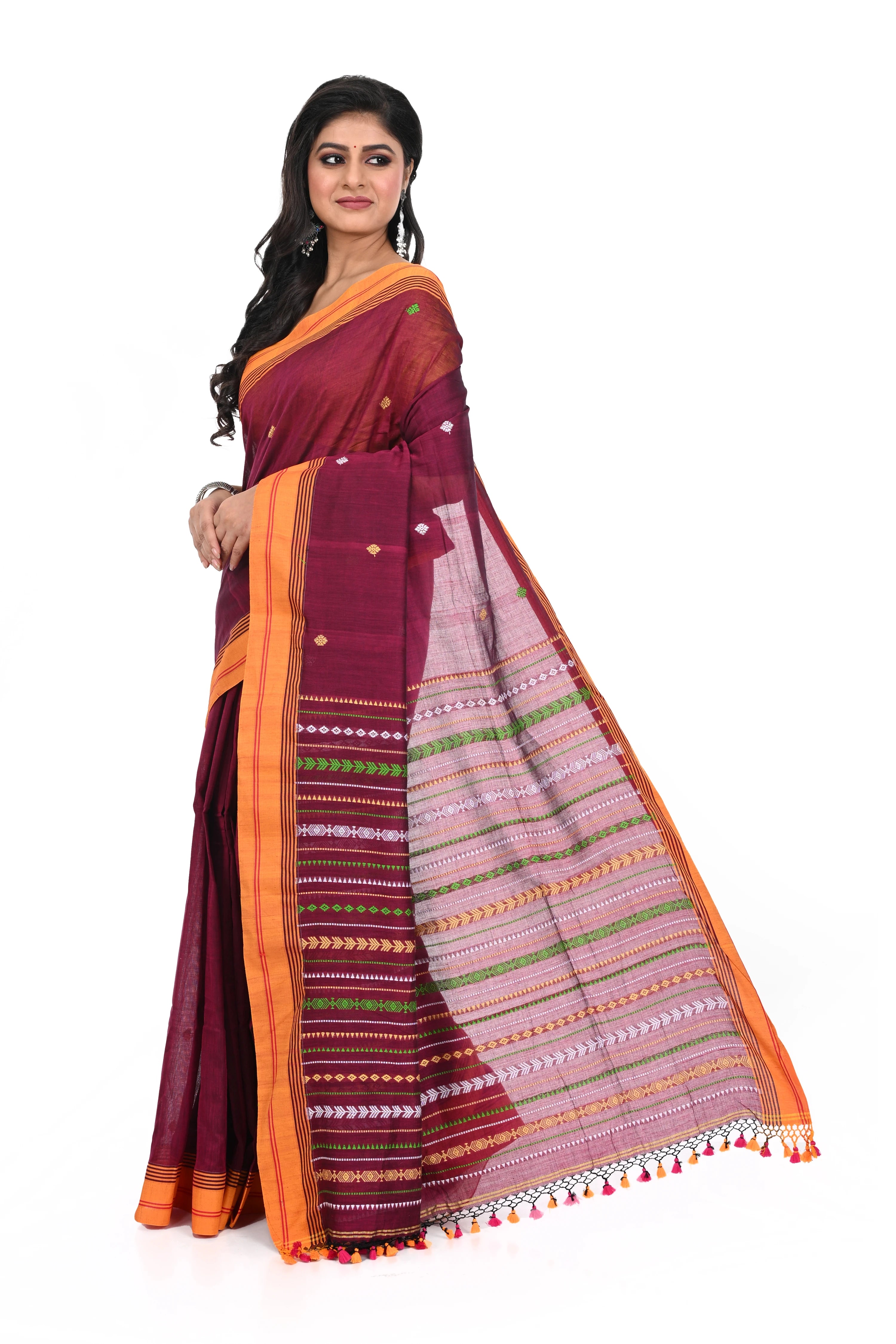 Maroon Coloured Pure Cotton Handloom Saree with Heavy Worked Pallu