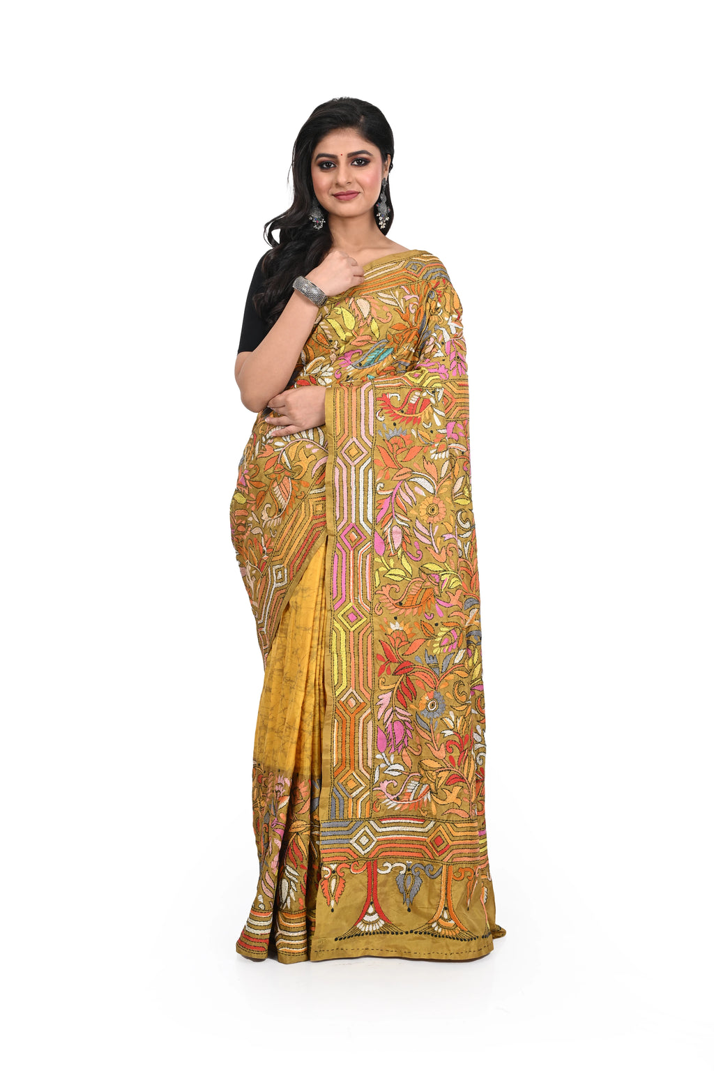 Master Yellow Banglore Silk Kantha Worked Saree with Allover Decorated