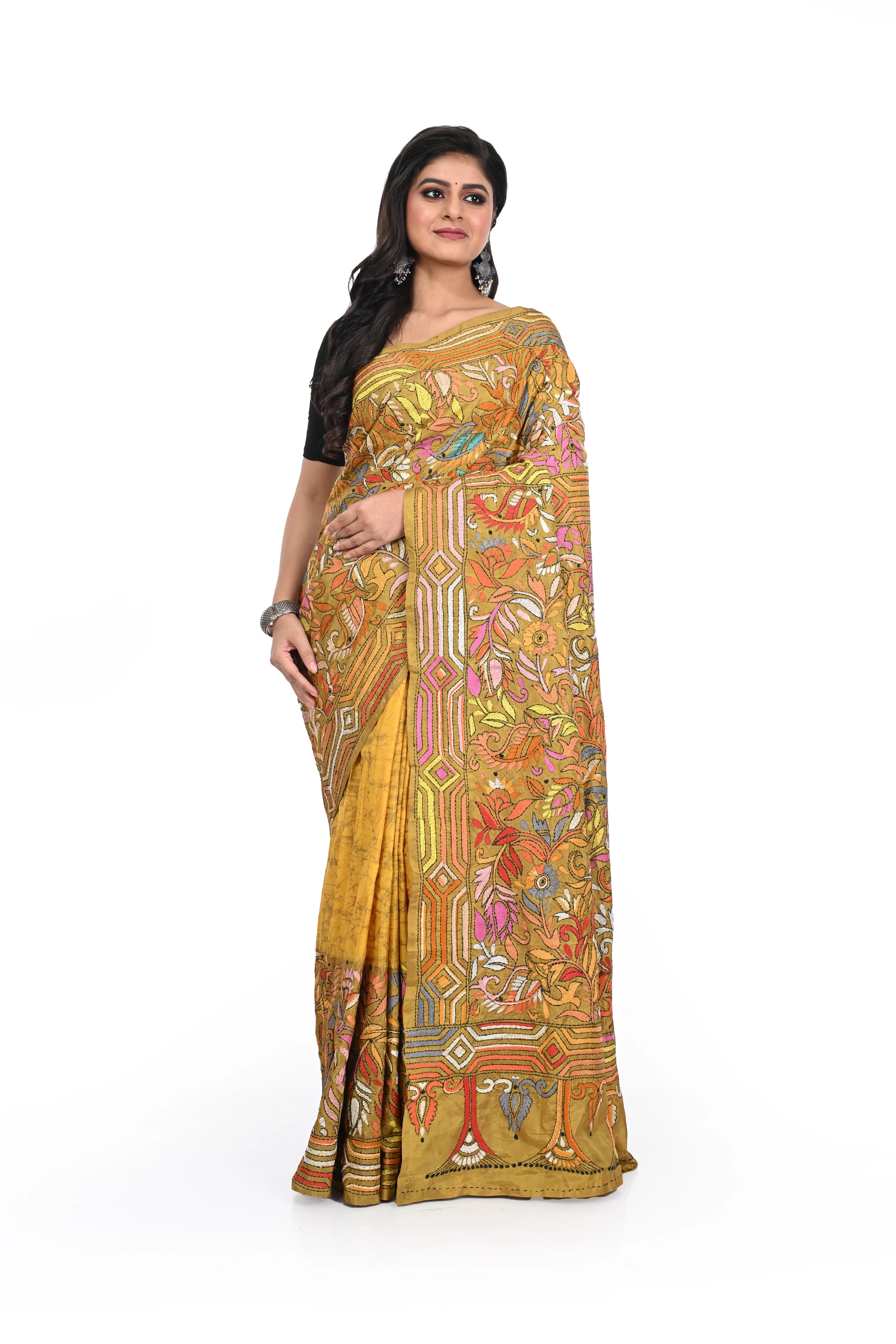 Master Yellow Banglore Silk Kantha Worked Saree with Allover Decorated