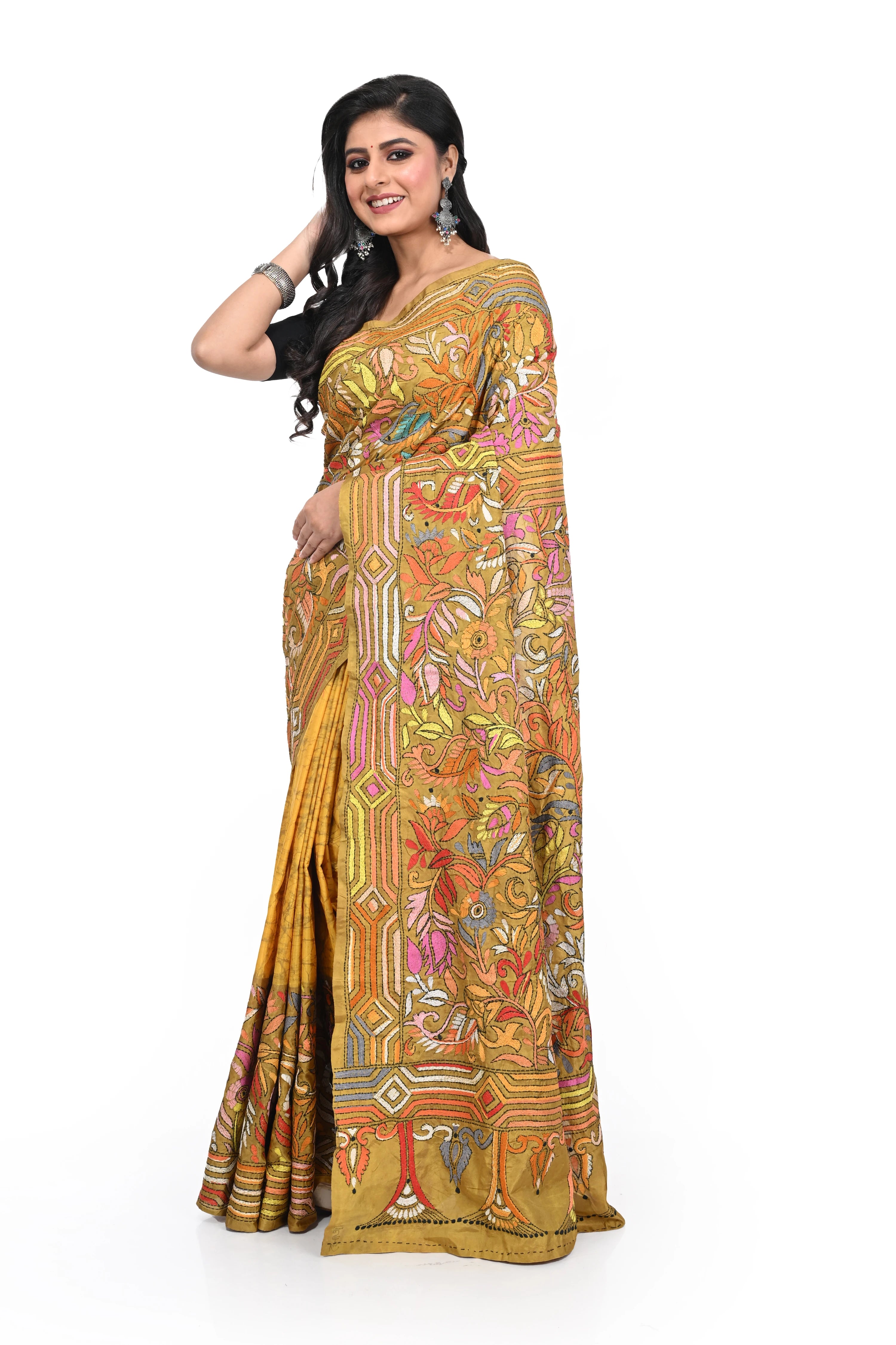 Master Yellow Banglore Silk Kantha Worked Saree with Allover Decorated