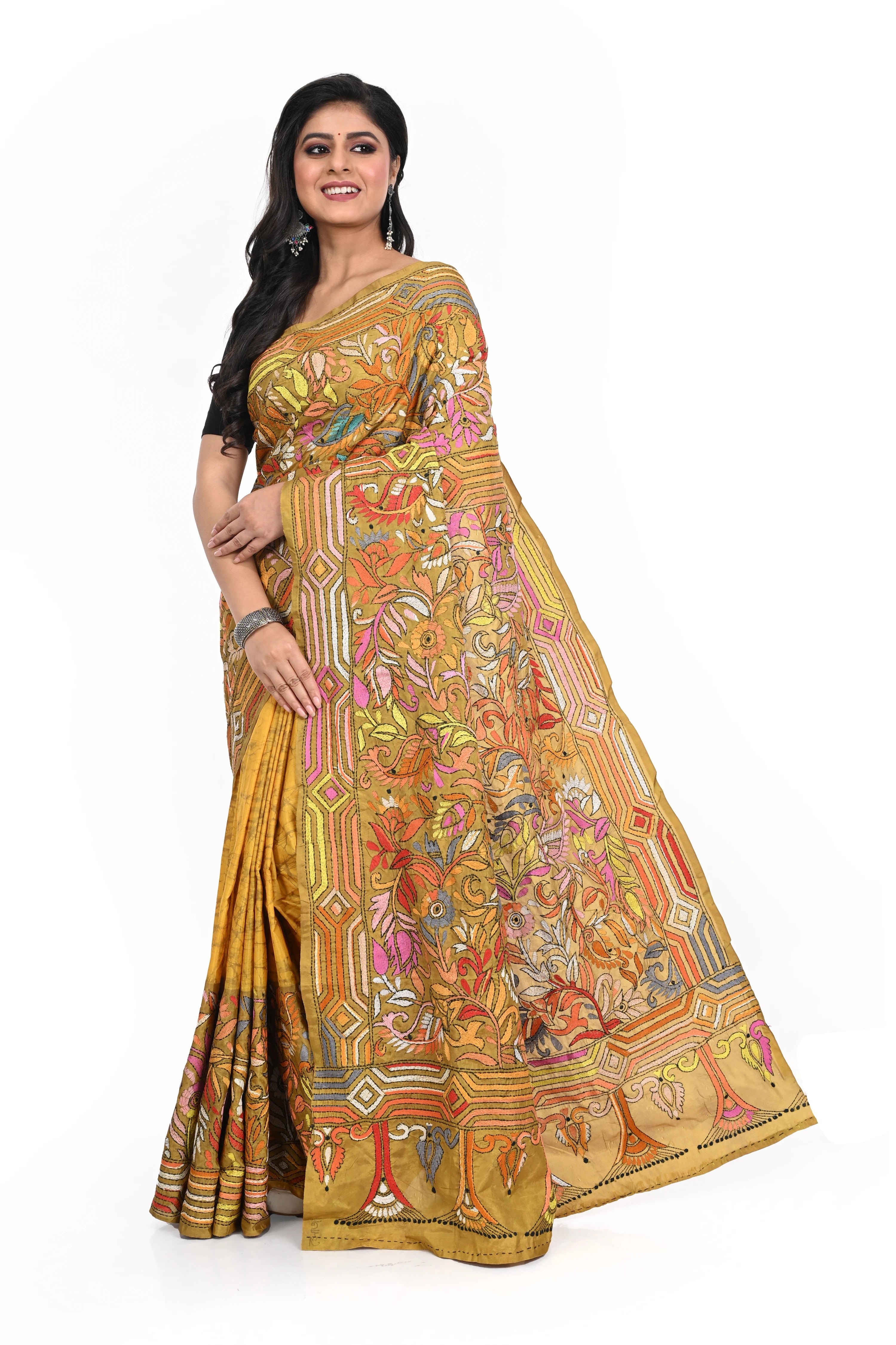 Master Yellow Banglore Silk Kantha Worked Saree with Allover Decorated