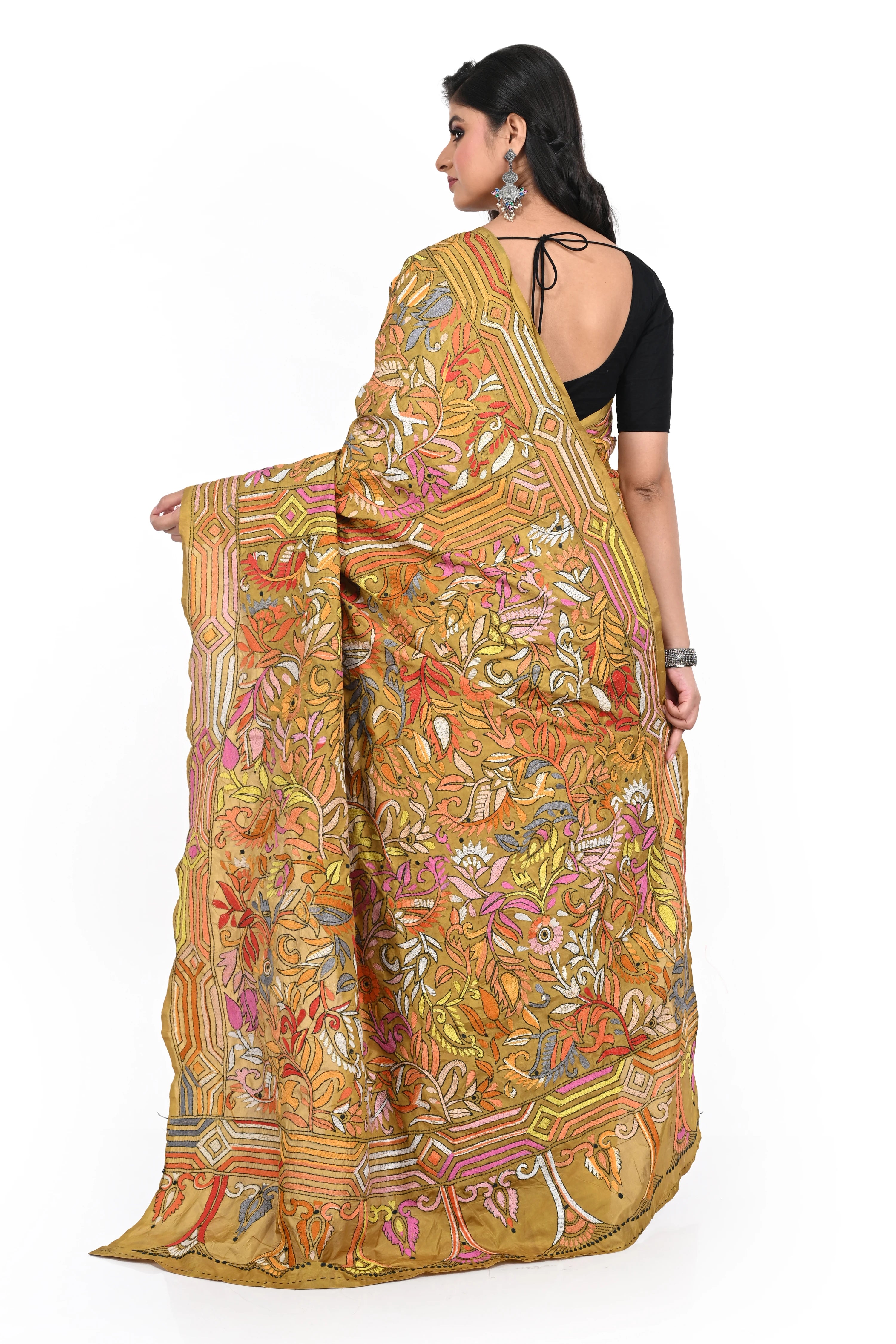 Master Yellow Banglore Silk Kantha Worked Saree with Allover Decorated