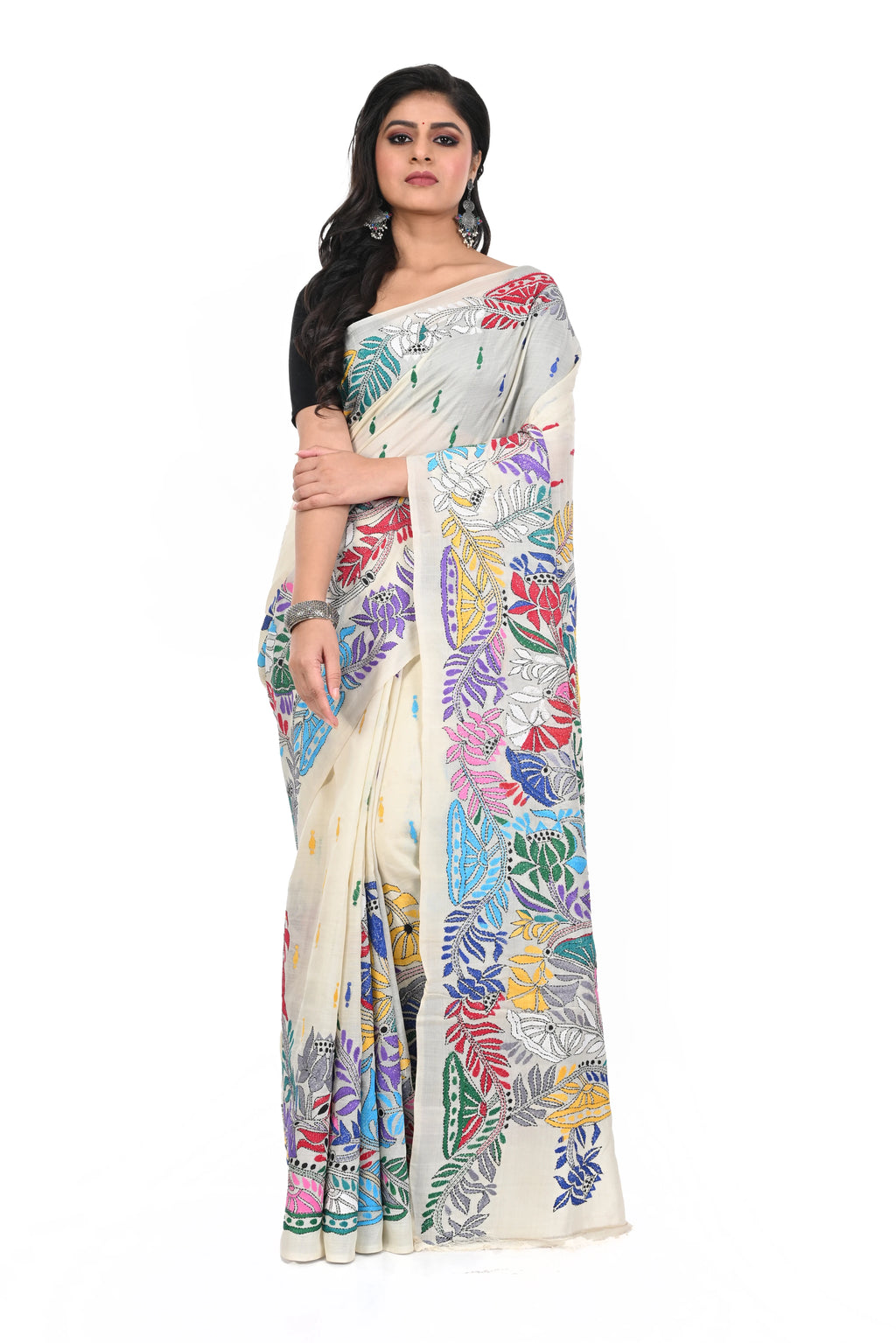 Pure Tussar Multi Coloured Thread Kantha Worked Elegant Look Saree