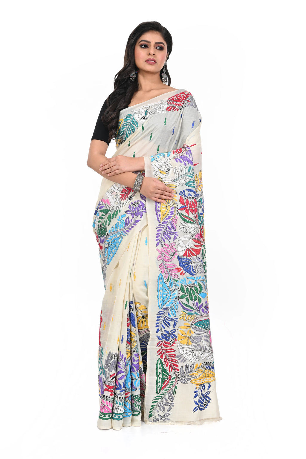 Pure Tussar Multi Coloured Thread Kantha Worked Elegant Look Saree