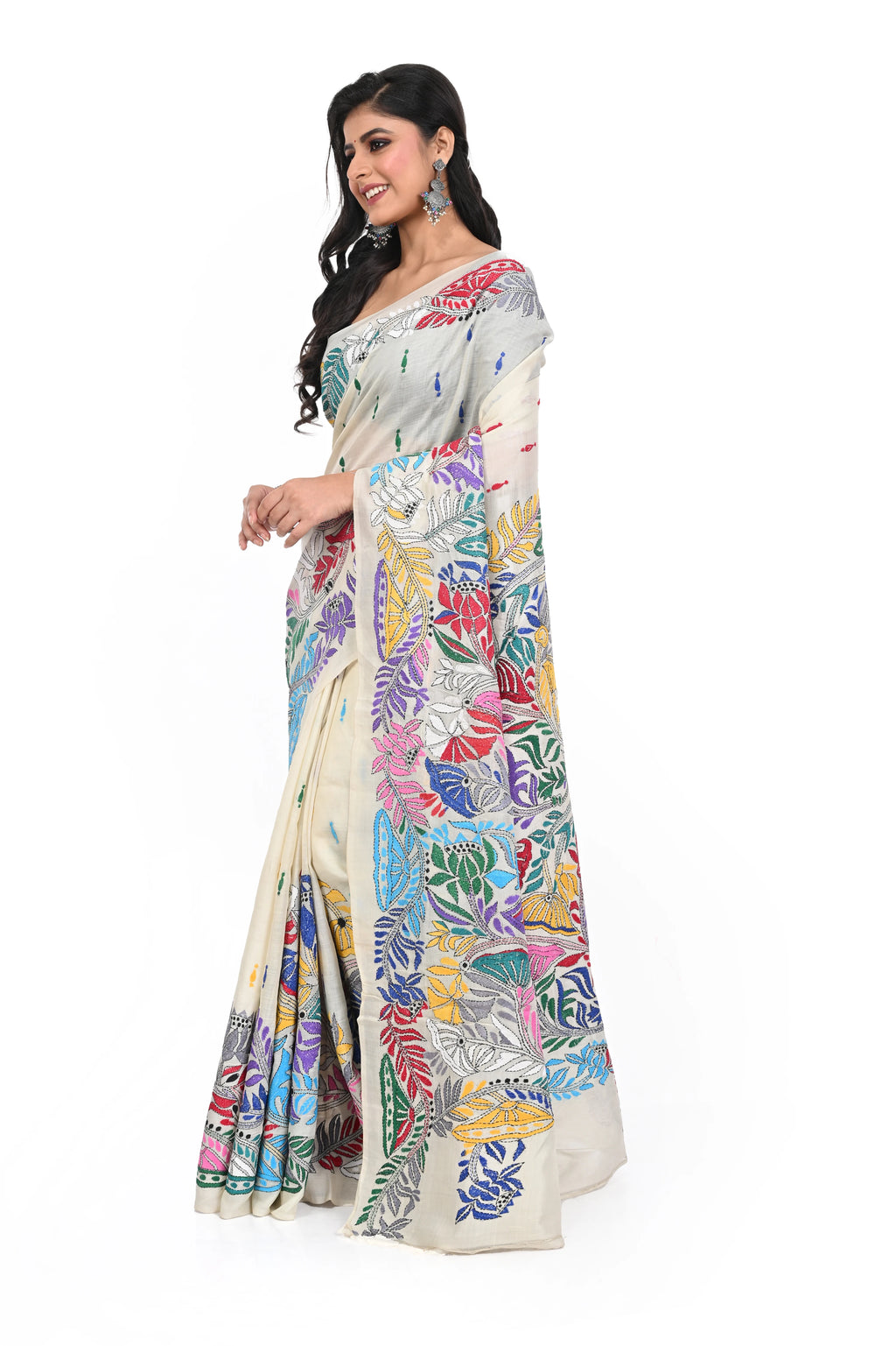 Pure Tussar Multi Coloured Thread Kantha Worked Elegant Look Saree