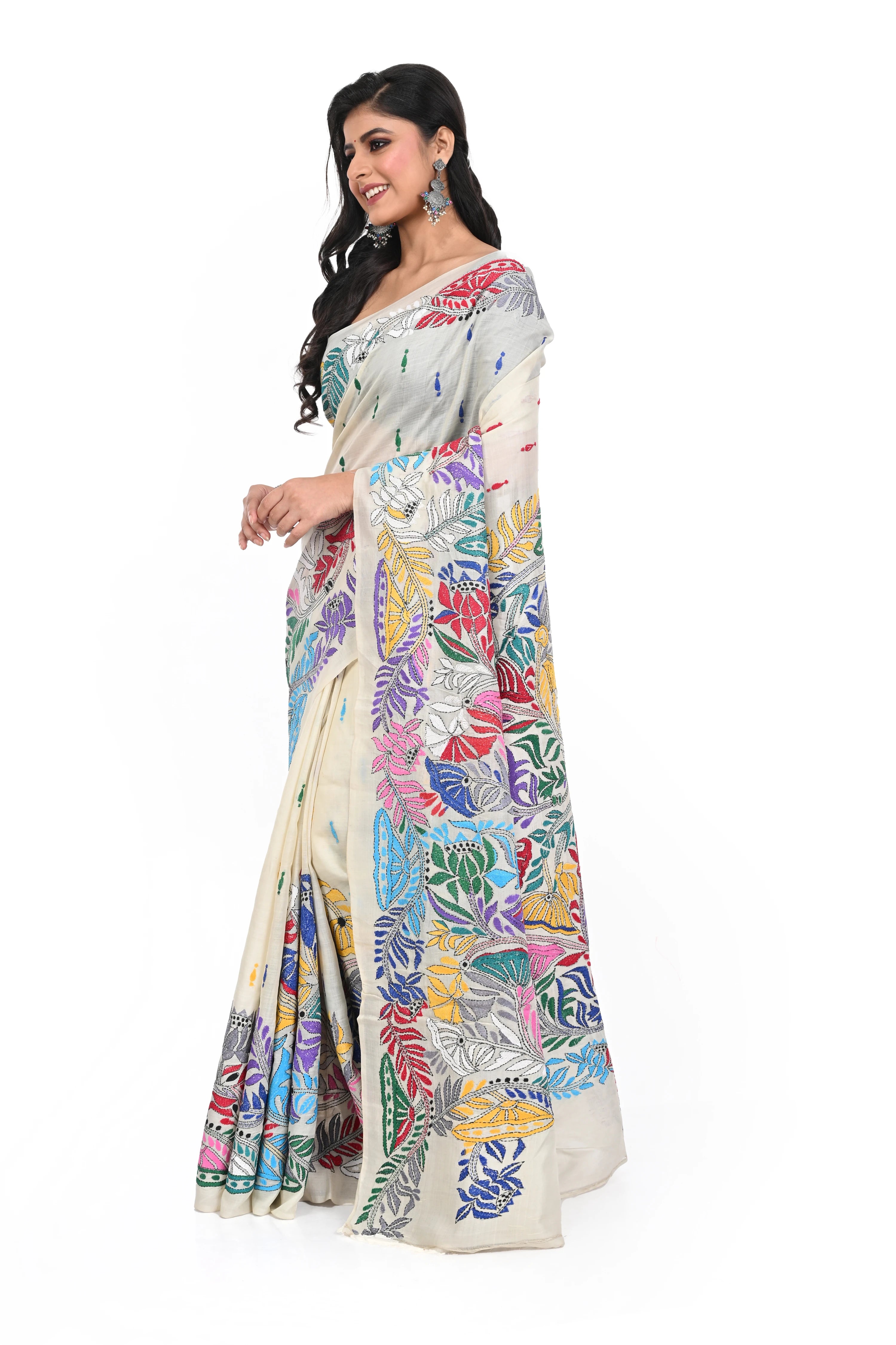 Pure Tussar Multi Coloured Thread Kantha Worked Elegant Look Saree