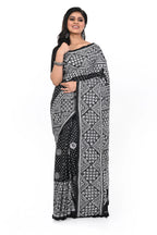 Black and White Combination Rare Geometric Pattern Kantha Worked Saree on Pure Banglore Silk