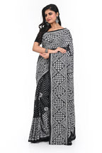 Black and White Combination Rare Geometric Pattern Kantha Worked Saree on Pure Banglore Silk
