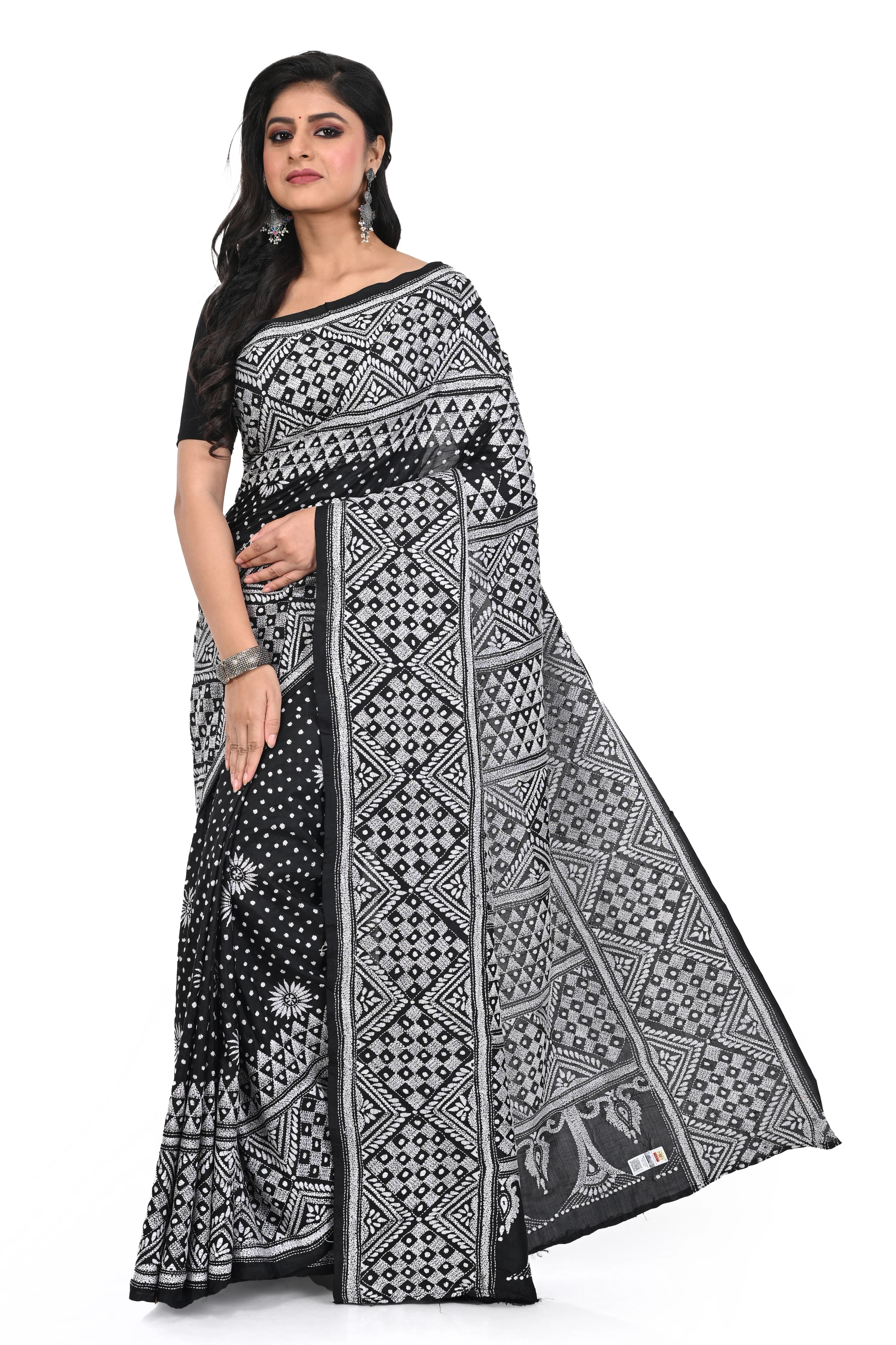 Black and White Combination Rare Geometric Pattern Kantha Worked Saree on Pure Banglore Silk