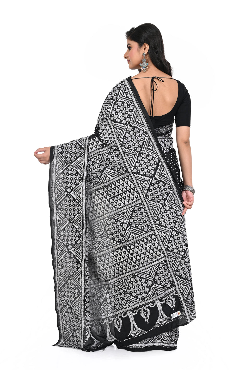 Black and White Combination Rare Geometric Pattern Kantha Worked Saree on Pure Banglore Silk