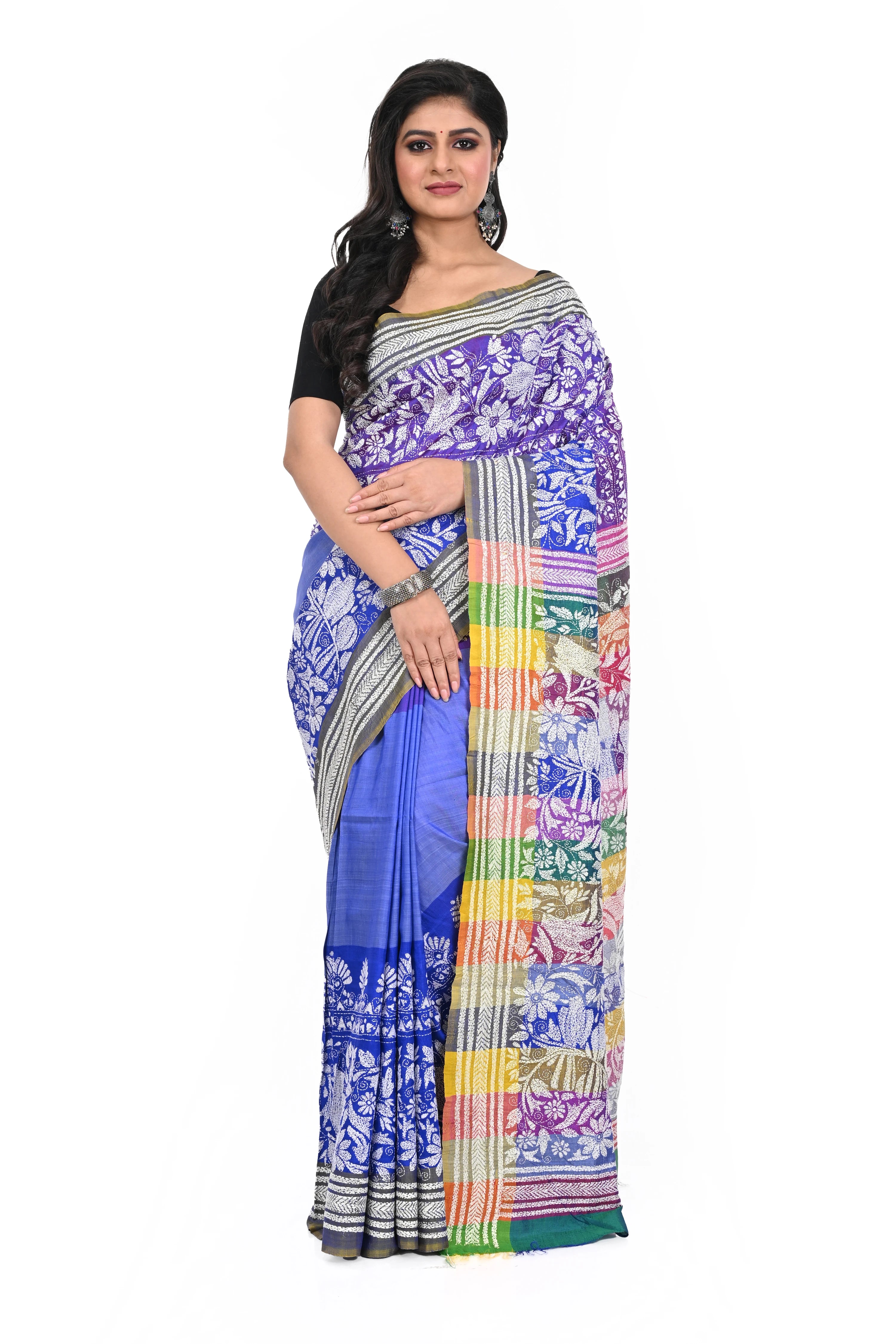 Purple Coloured Kantha Stitch Saree on Pure Bishnupuri Silk